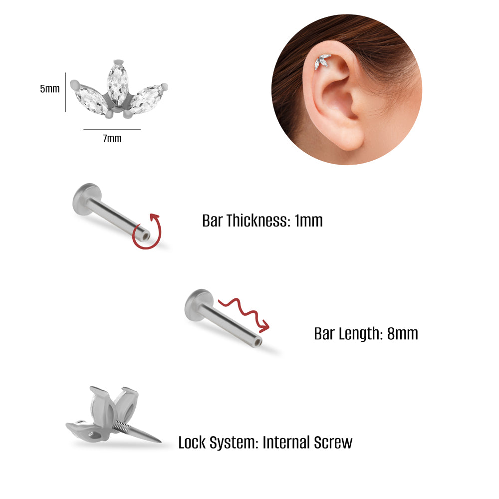 Lotus flower stud piercing earring with clear zircons - 14K Solid White Gold