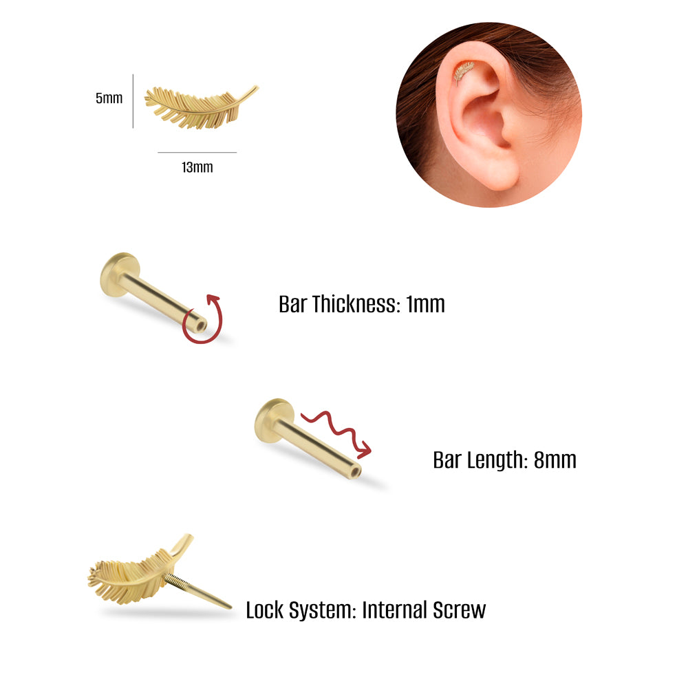 Feather stud piercing earring - 14K Solid Yellow Gold