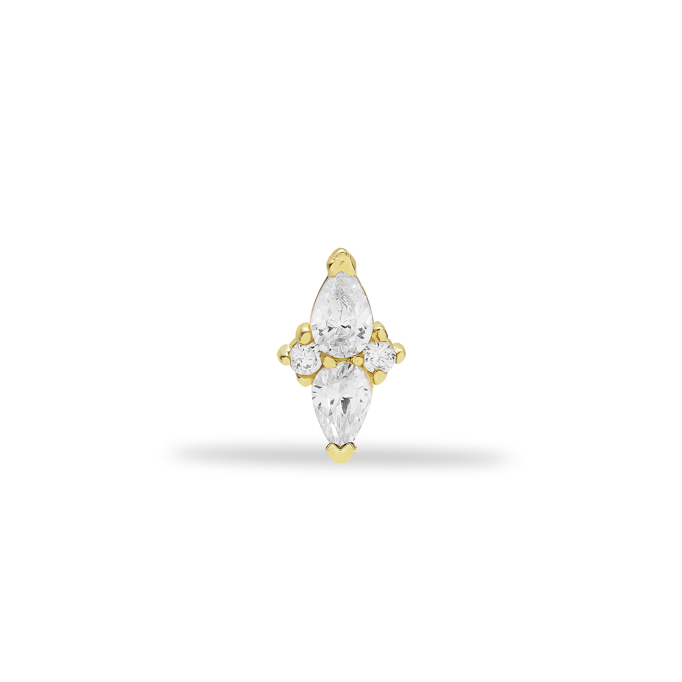 Stud piercing earring with clear zircon - 14K Solid Yellow Gold