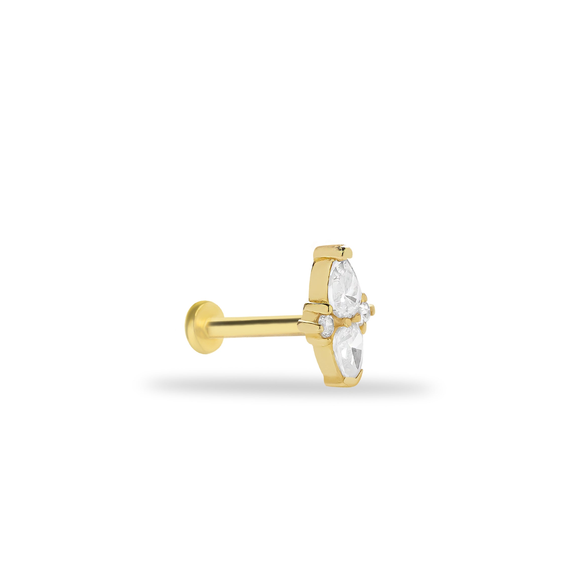 Stud piercing earring with clear zircon - 14K Solid Yellow Gold