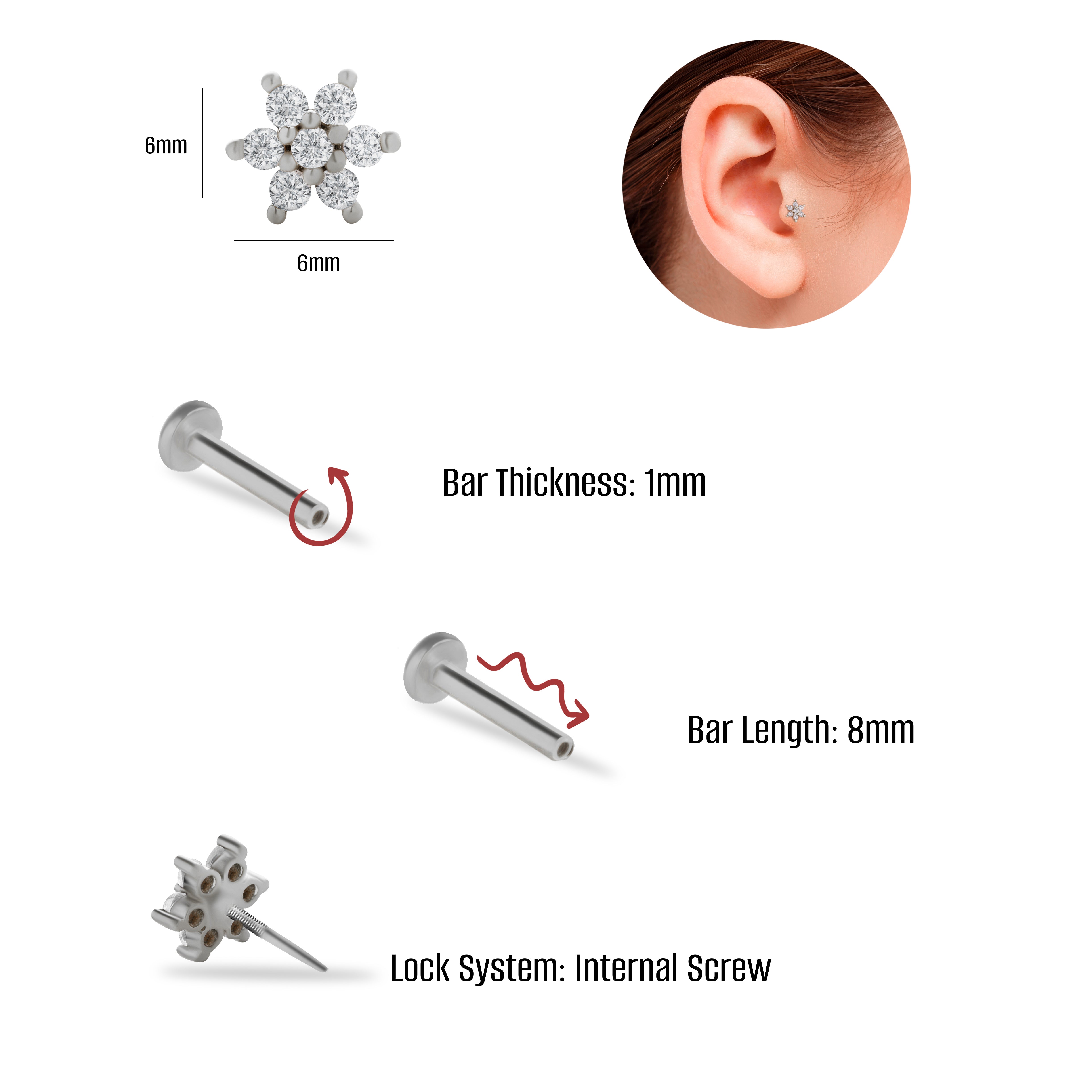 Flower stud piercing earring with clear zircons - 14K Solid White Gold