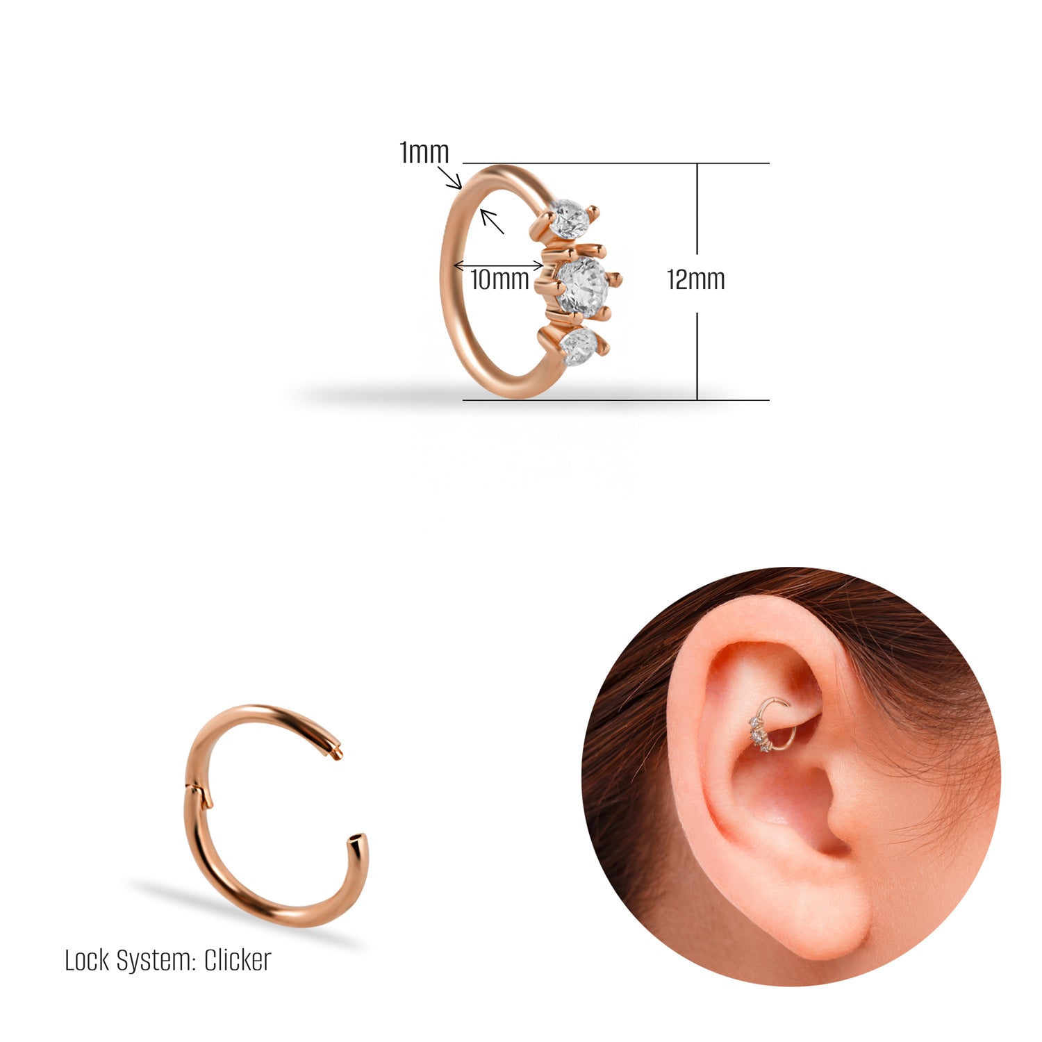 Hoop piercing earring with clear zircons - 14K Solid Rose Gold
