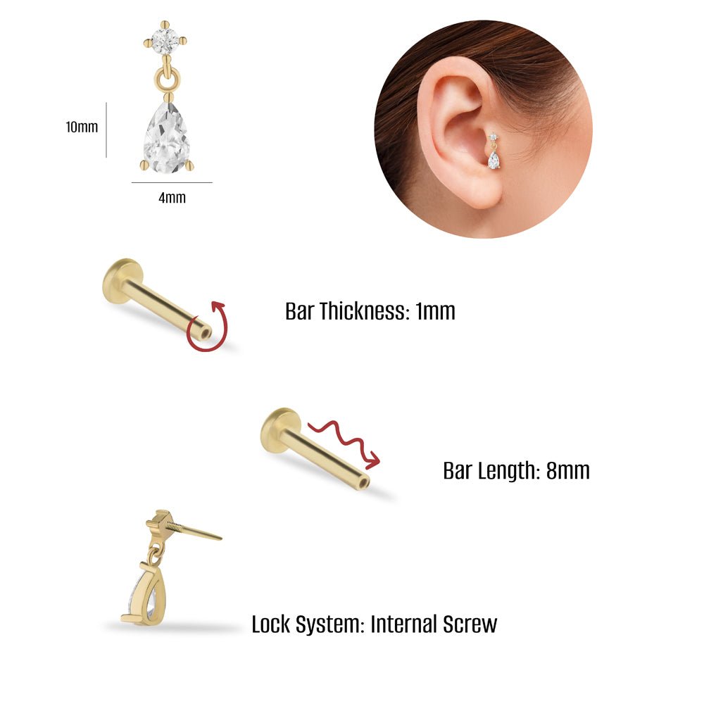 Stud piercing earring with hanging chain & clear zircons - 14K Solid Yellow Gold