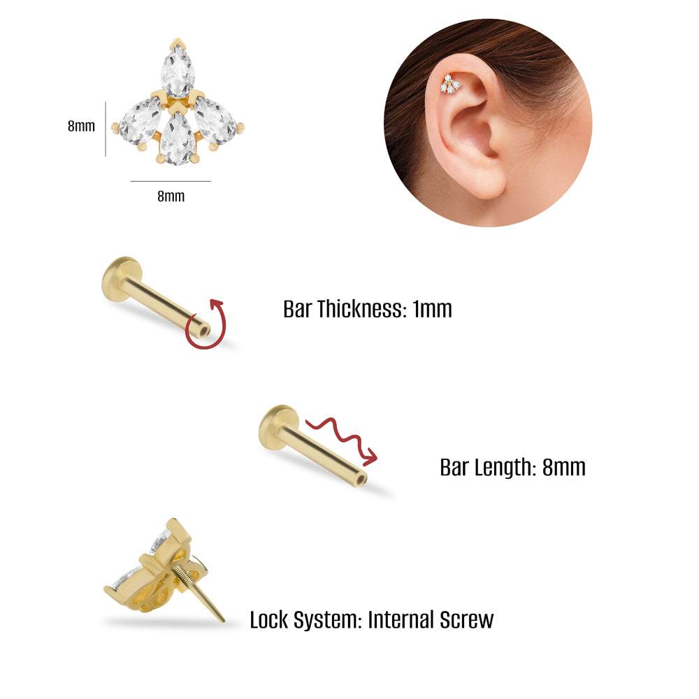 Lotus flower stud piercing earring with clear zircons - 14K Solid Yellow Gold
