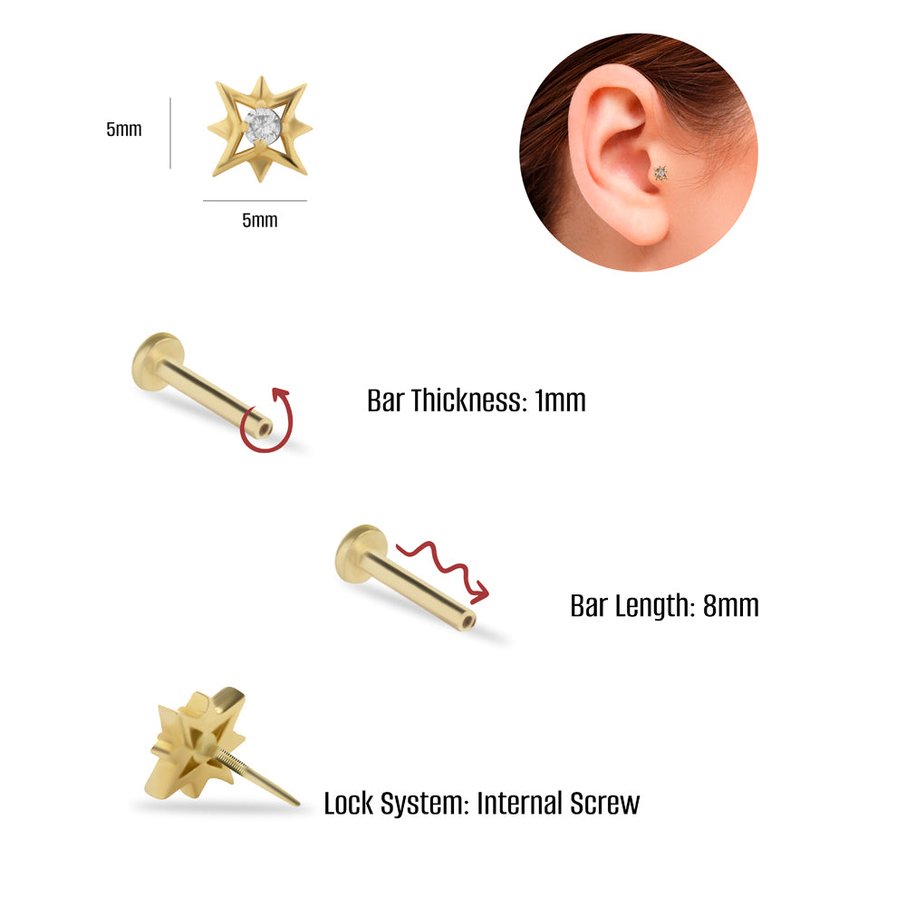 Star stud piercing earring with clear zitcon - 14K Solid Yellow Gold