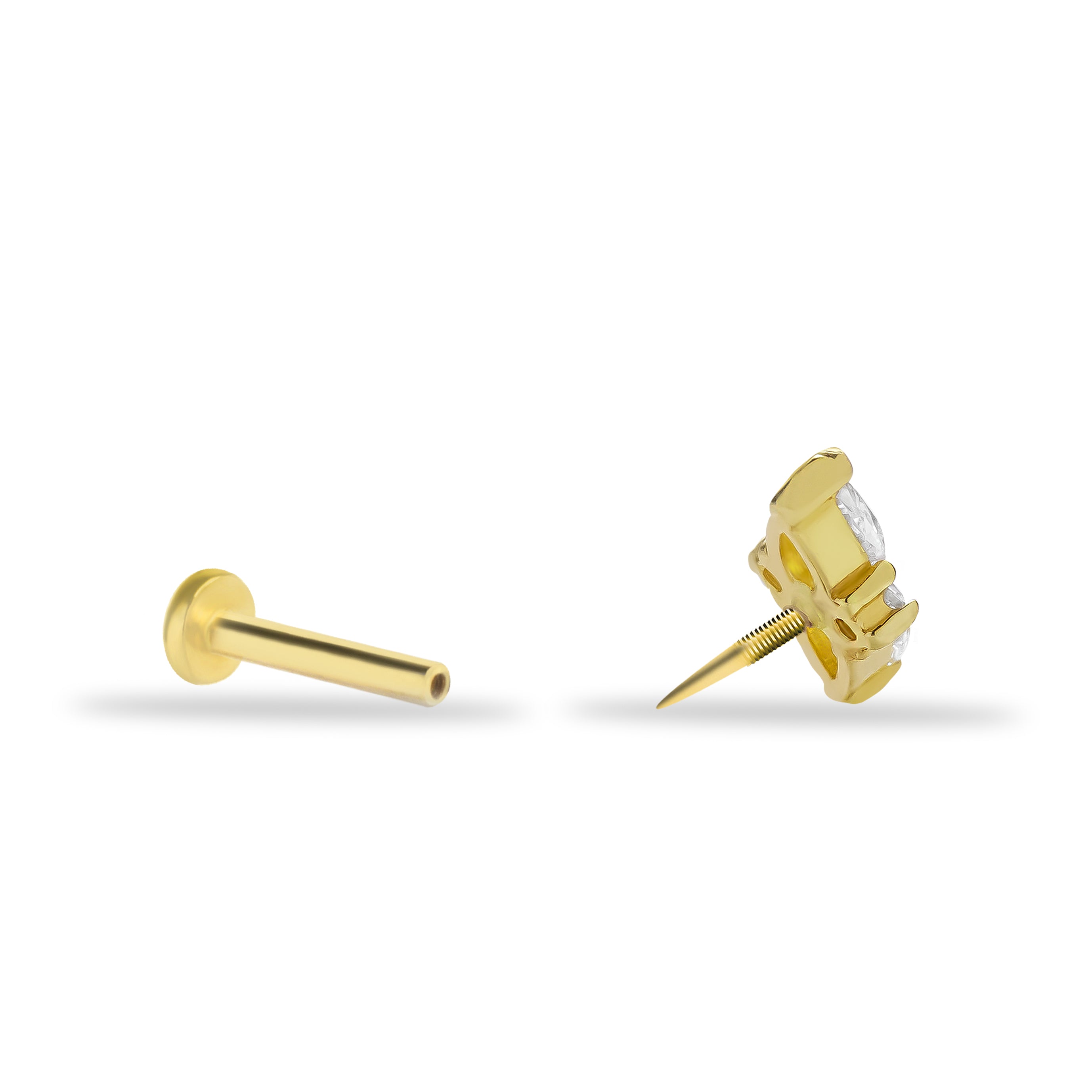 Stud piercing earring with clear zircon - 14K Solid Yellow Gold