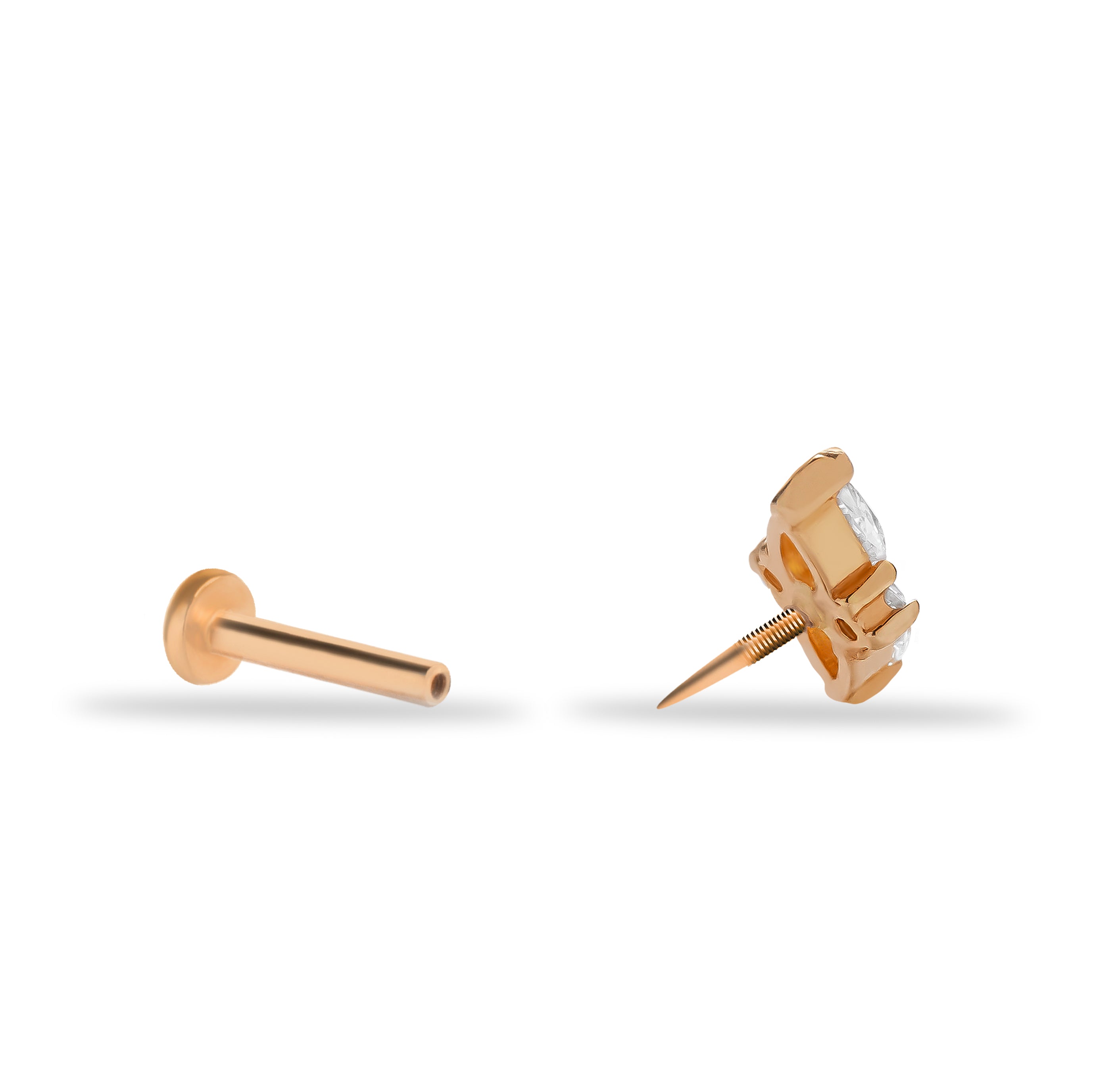 Stud piercing earring with clear zircon- 14K Solid Rose Gold