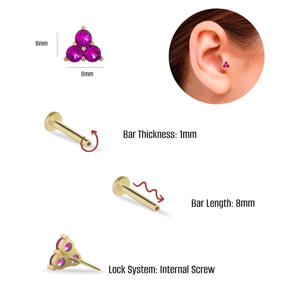 Triangle stud piercing earring in red zircons - 14K Solid Yellow Gold