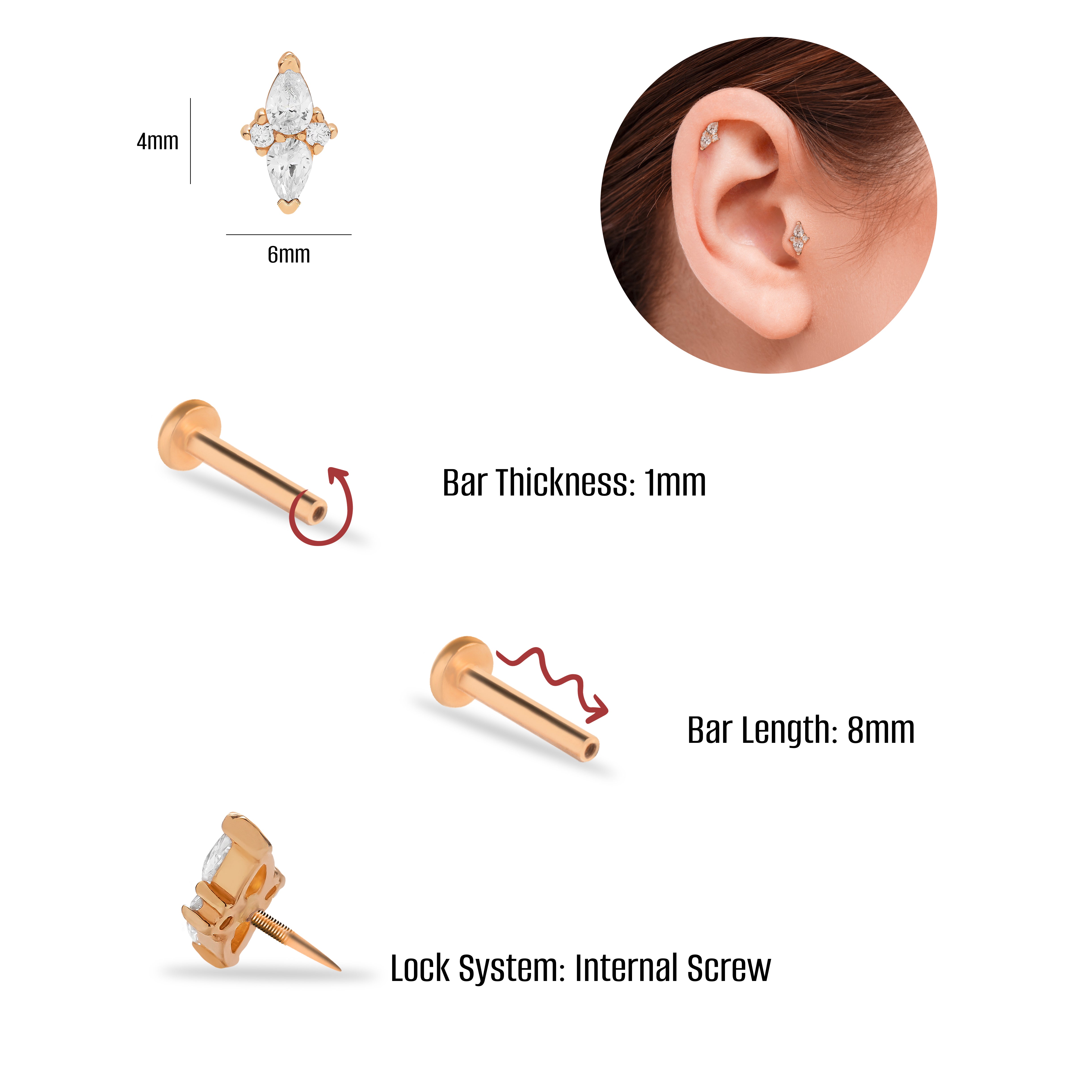 Stud piercing earring with clear zircon- 14K Solid Rose Gold