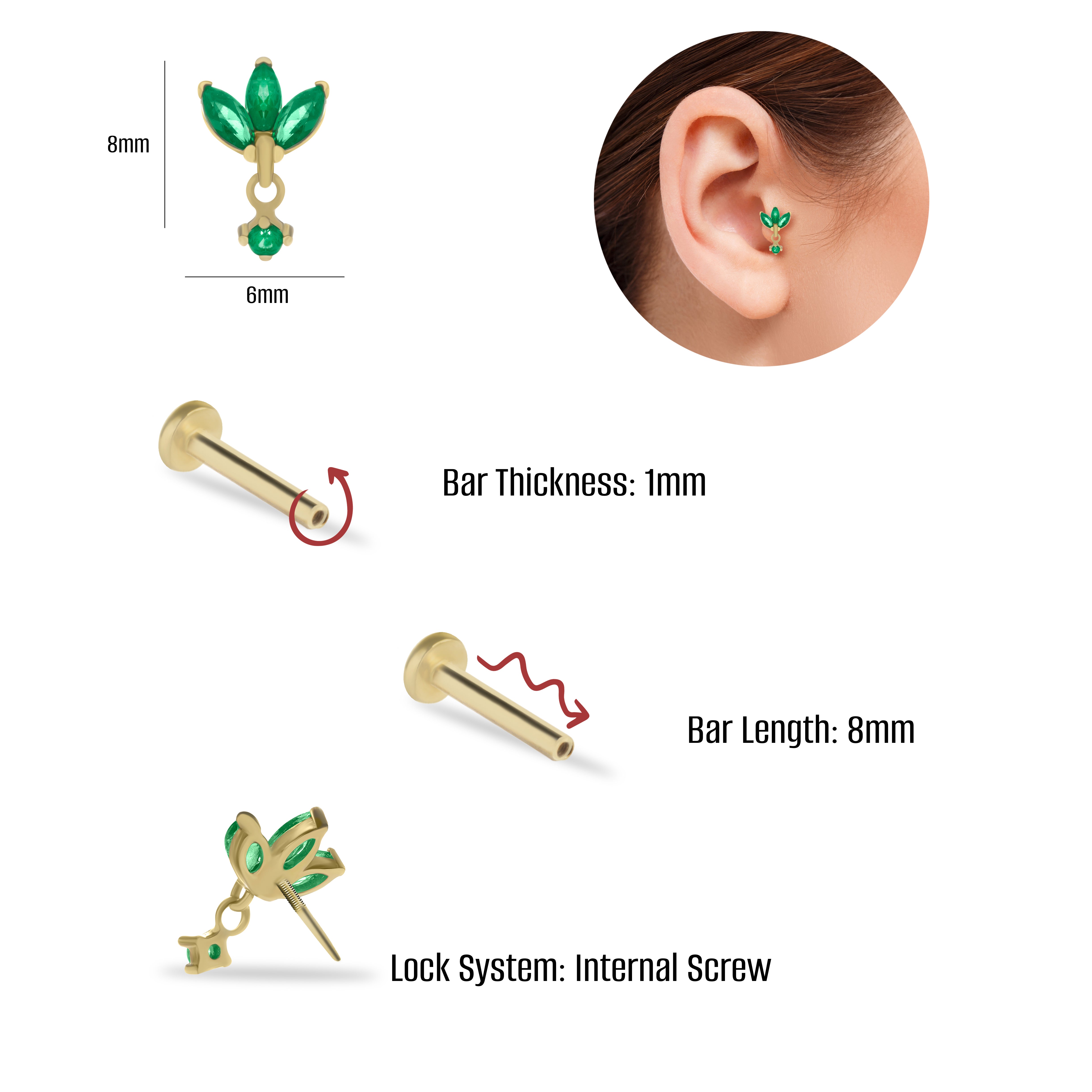Lotus flower stud piercing earring with green zircons & hanging chain - 14K Solid Yellow Gold