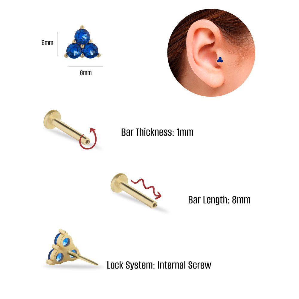 Triangle stud piercing earring with blue zircons - 14K Solid Yellow Gold