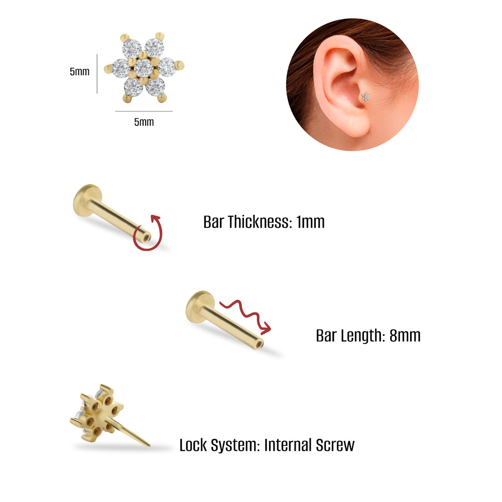 Flower stud piercing earring with clear zircons - 14K Solid Yellow Gold