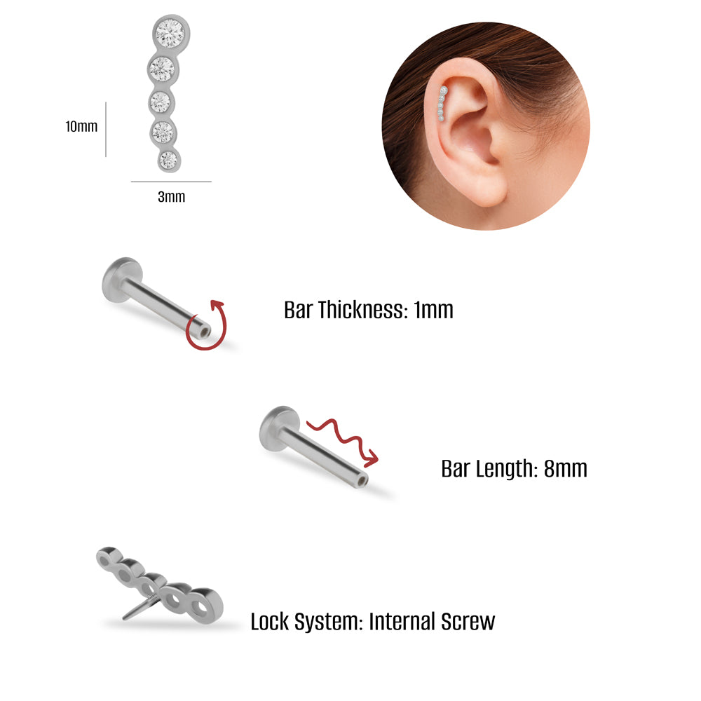 Climber stud piercing earring with clear zircons - 14K Solid White Gold