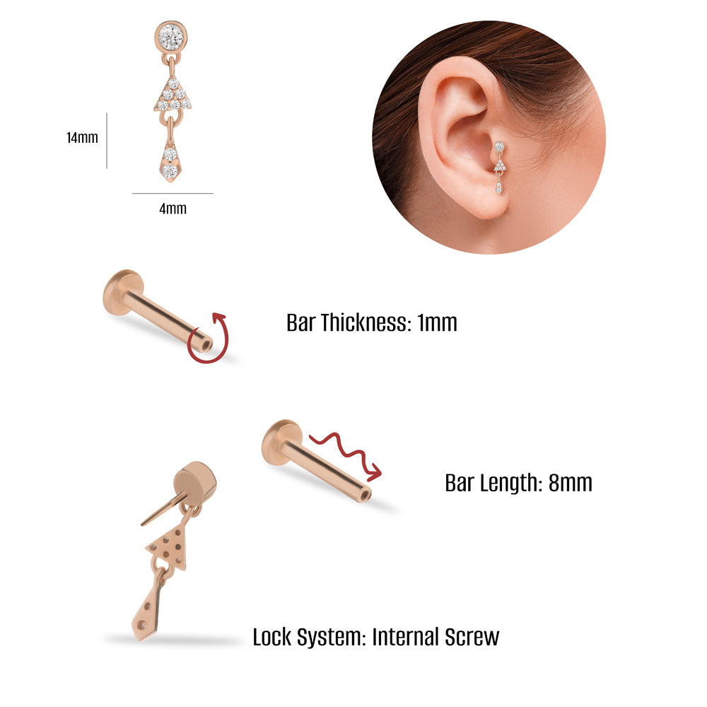 Stud piercing earring with clear zircon & hanging chain - 14K Solid Rose Gold