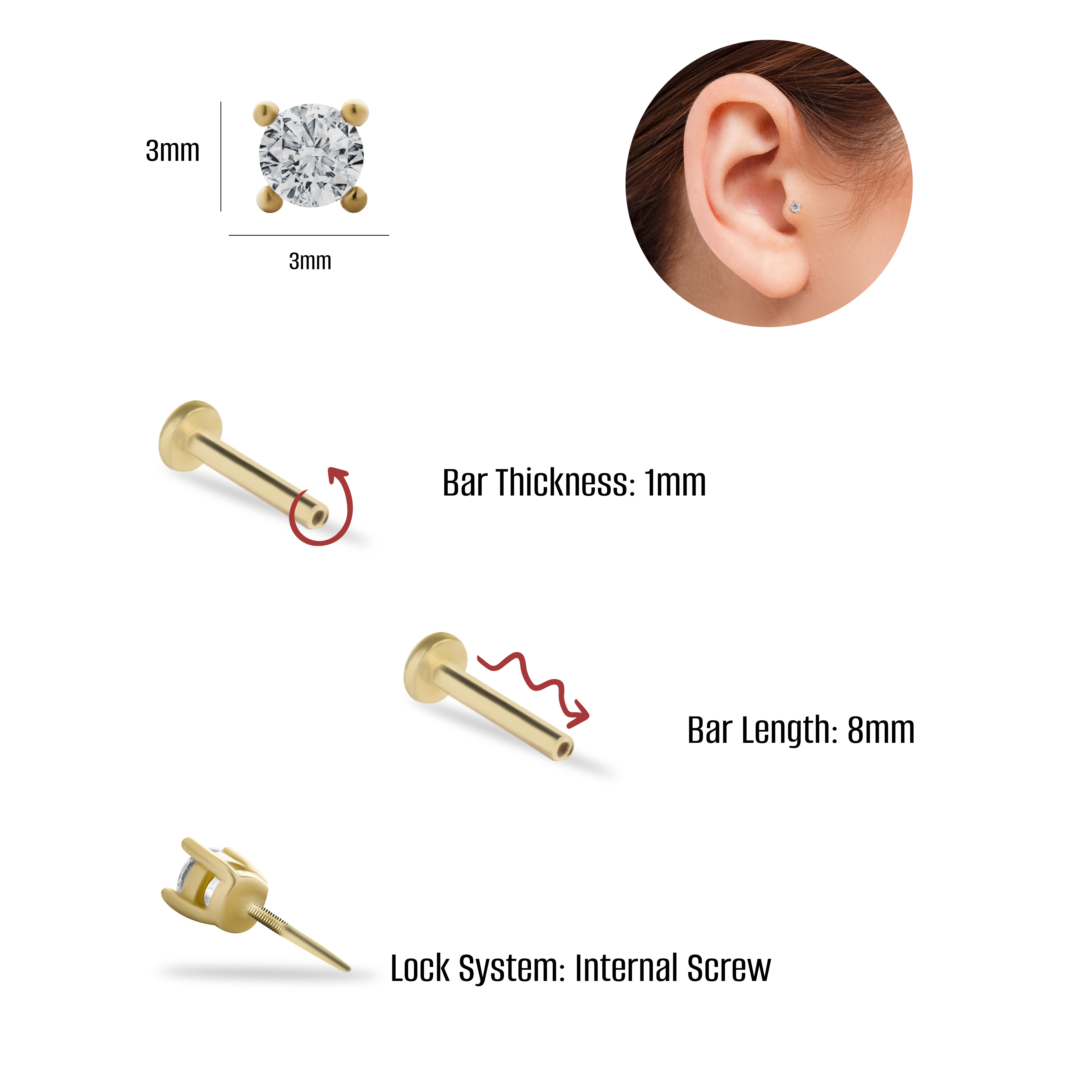 Dot stud piercing earring with zircon - 14K Solid Yellow Gold