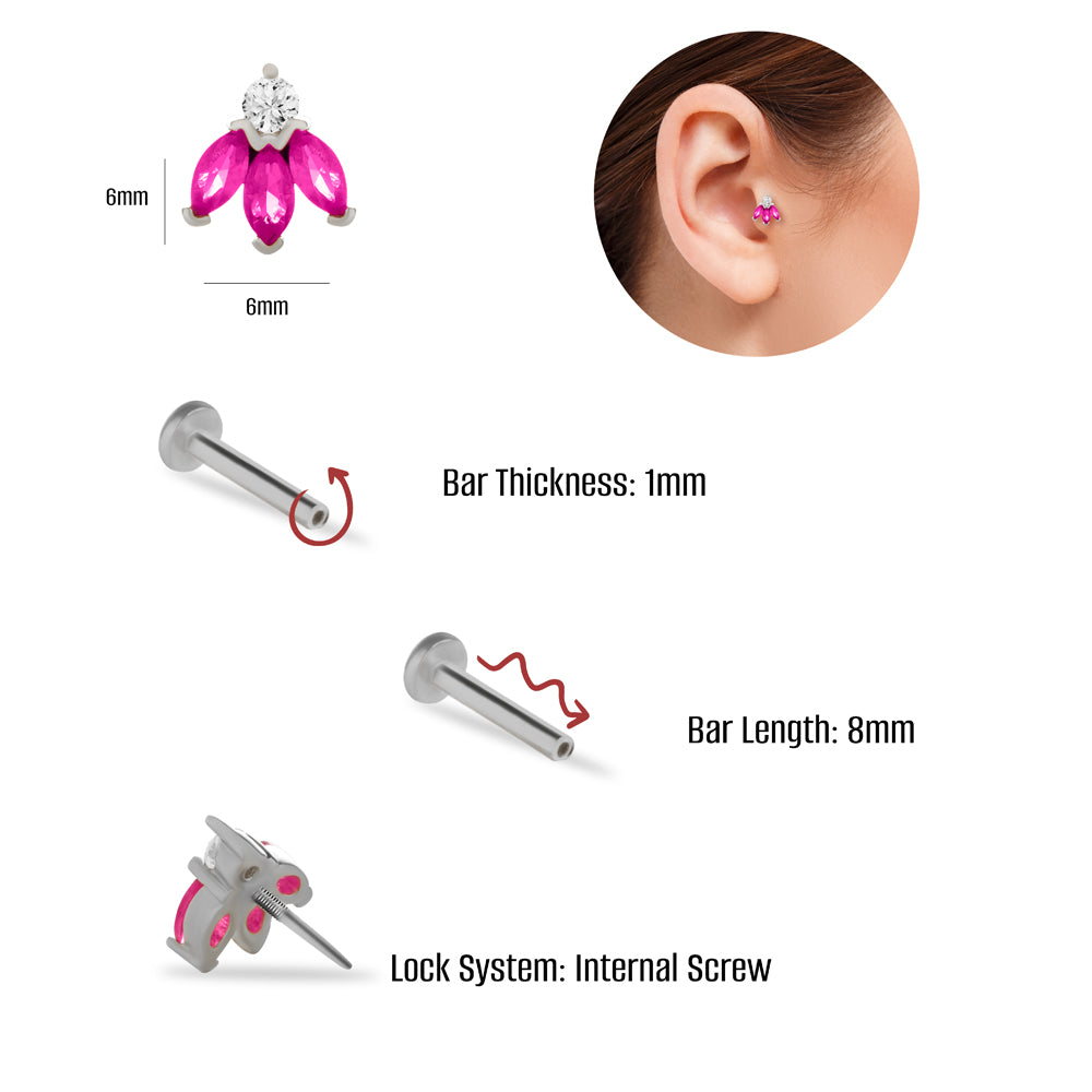 Lotus flower piercing earring with red & clear zircons - 14K Solid White Goldפ