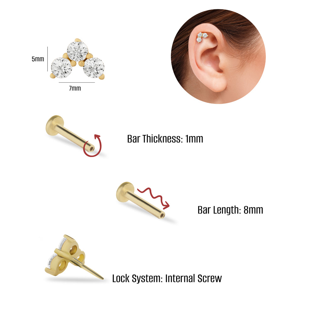 Stud piercing earring with clear zircons - 14K Solid Yellow Gold