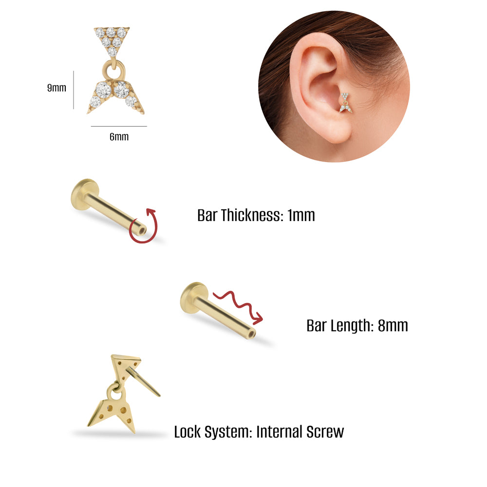 Stud piercing earring with hanging chain & clear zircons - 14K Solid Yellow Gold