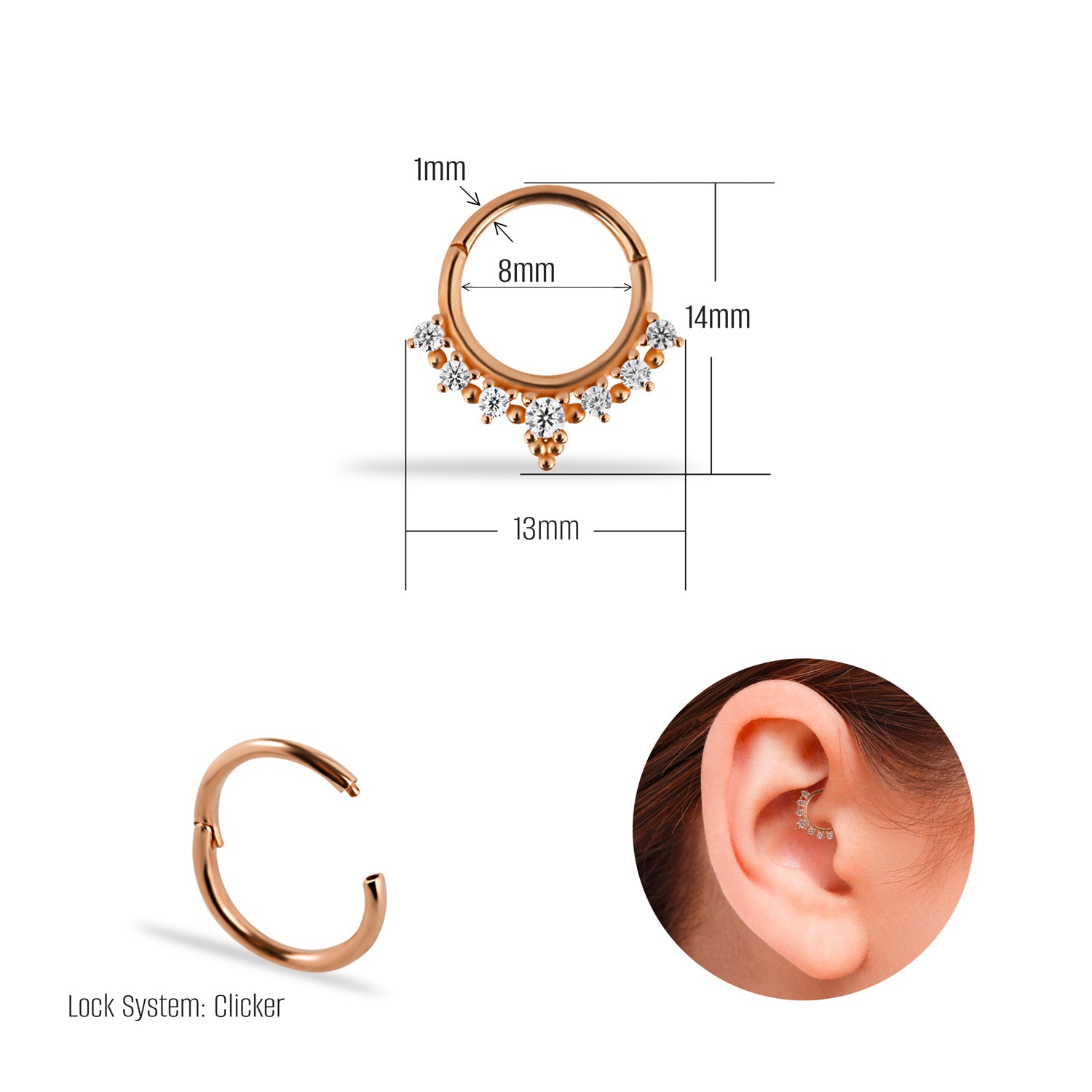 8mm Hoop piercing earring with clear zircons - 14K Solid Rose Gold