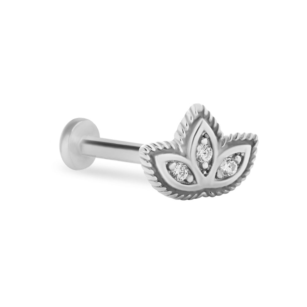 Lotus stud piercing earring with clear zircons - 14K Solid White Gold