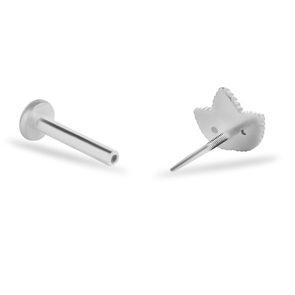 Lotus stud piercing earring with clear zircons - 14K Solid White Gold