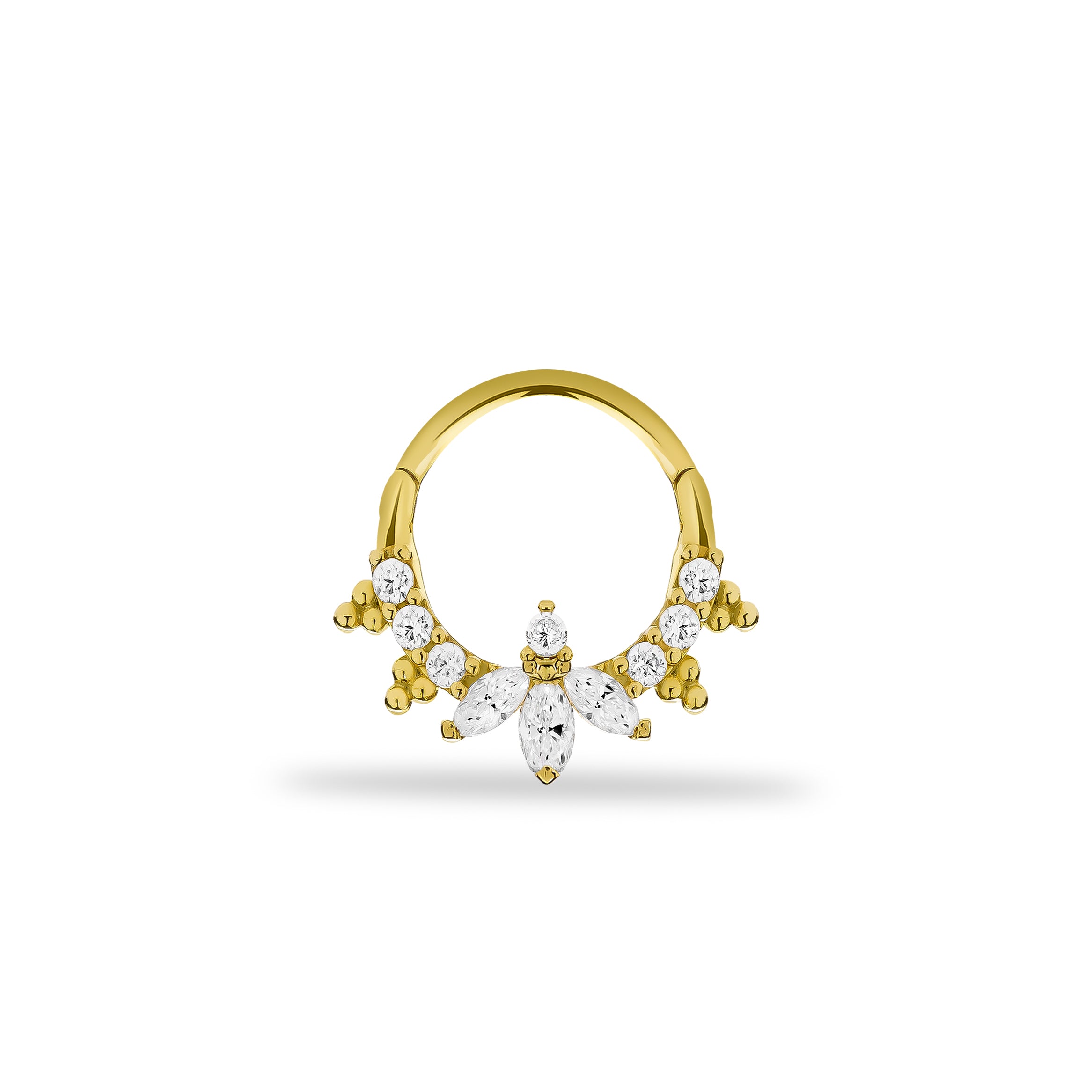 8mm Lotus hoop piercing earring with clear zircons - 14K Solid Yellow Gold