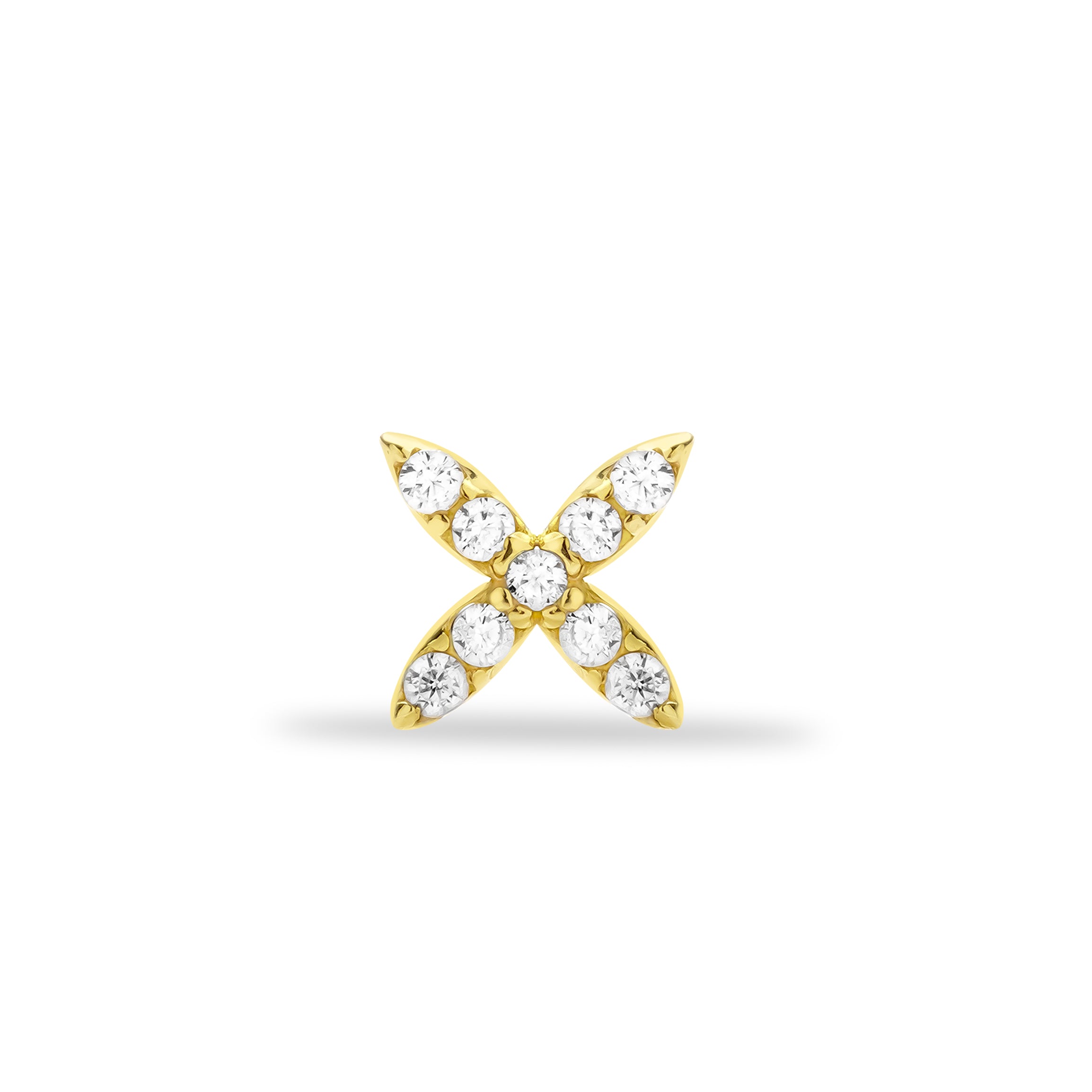 X stud piercing earring with clear zircons - 14K Solid Yellow Gold