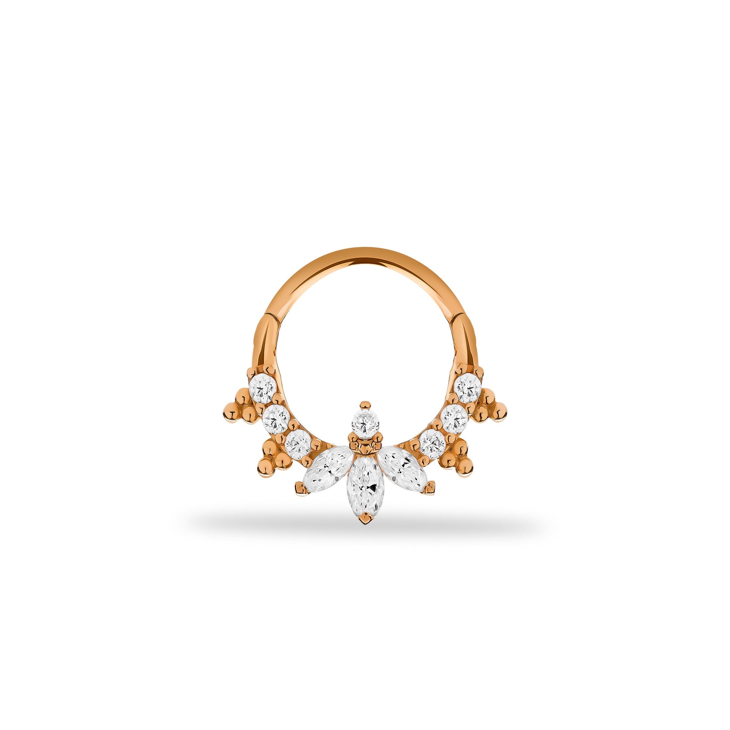 8mm Lotus stud piercing earring with clear zircons - 14K Solid Rose Gold