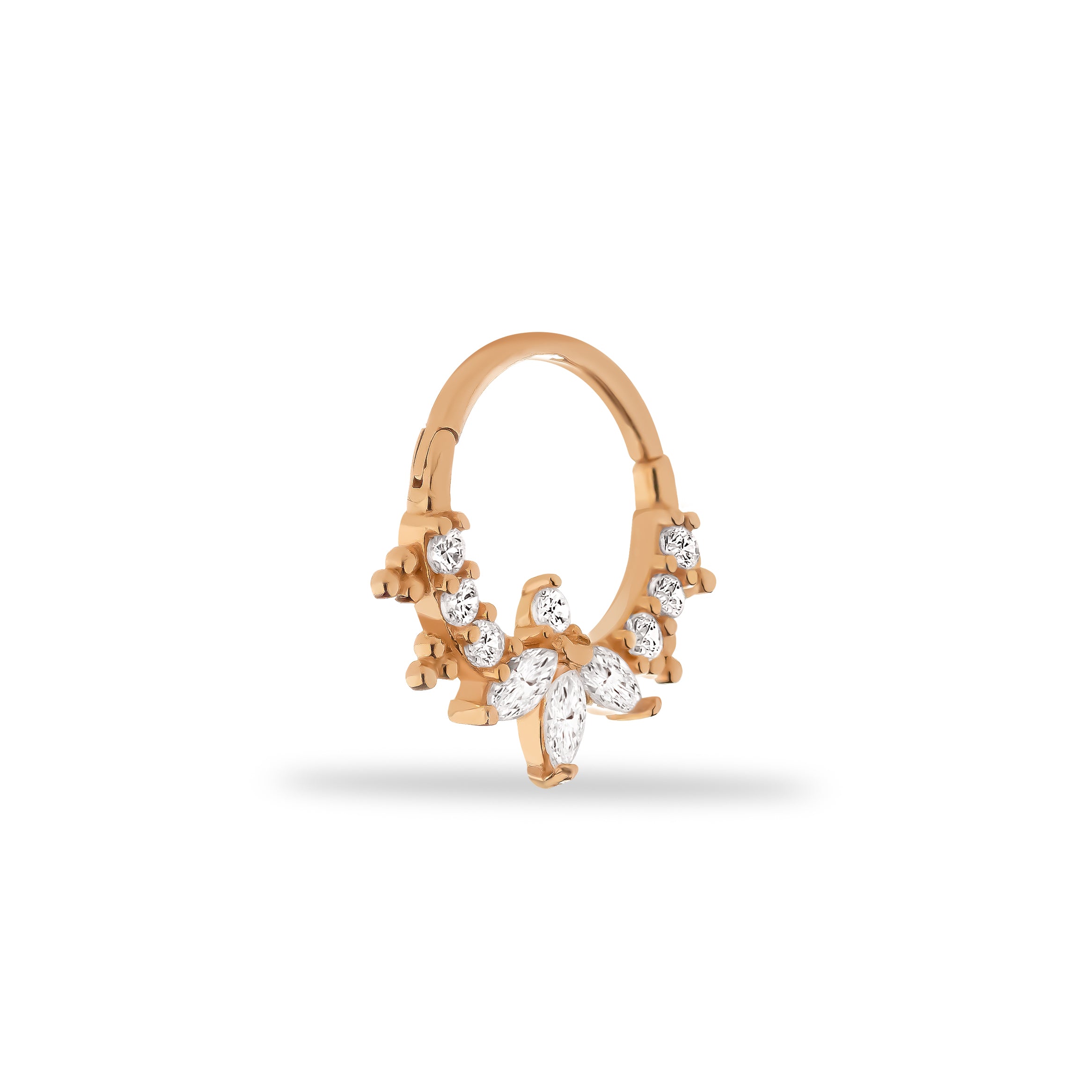8mm Lotus stud piercing earring with clear zircons - 14K Solid Rose Gold