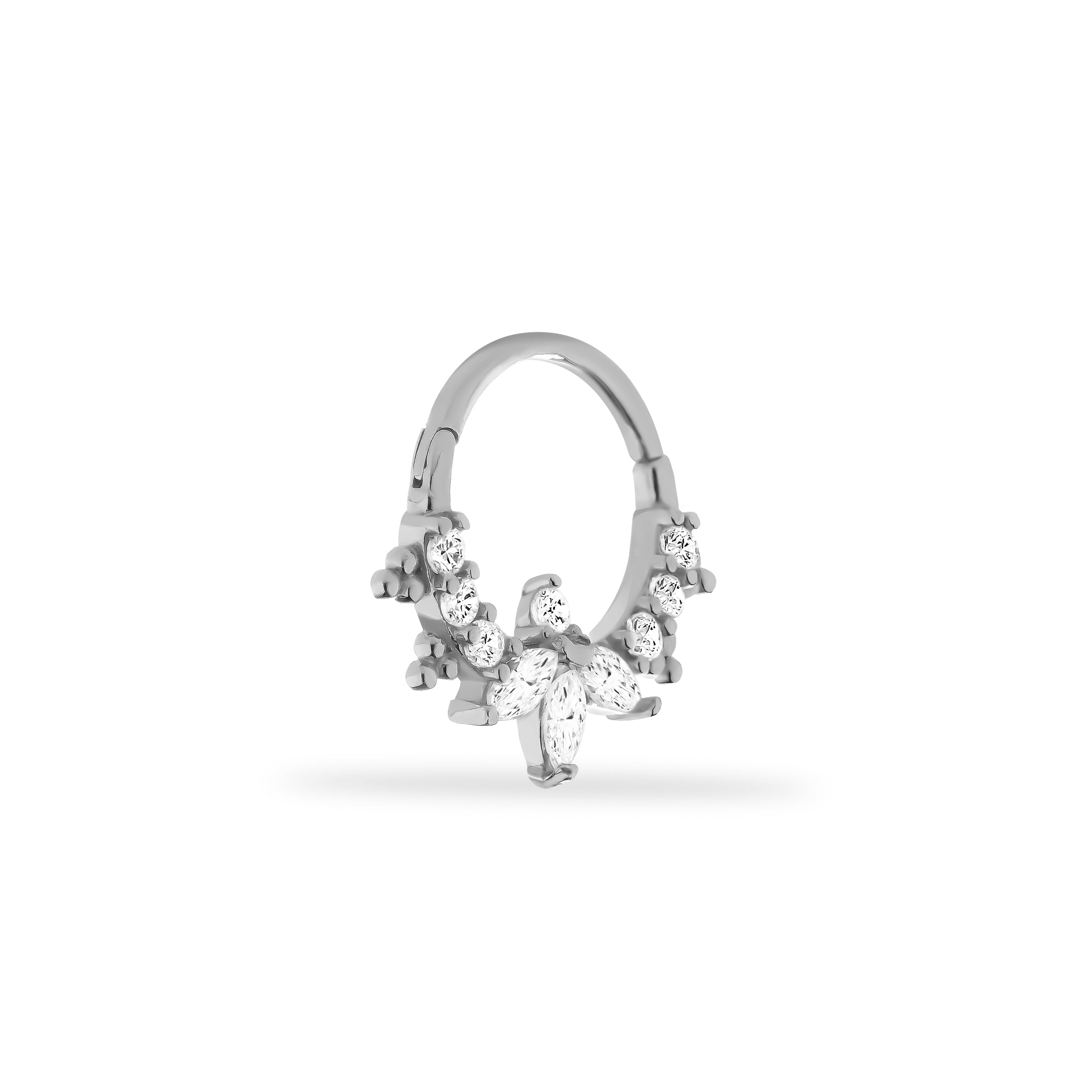 8mm Lotus hoop piercing earring with clear zircons - 14K Solid White Gold