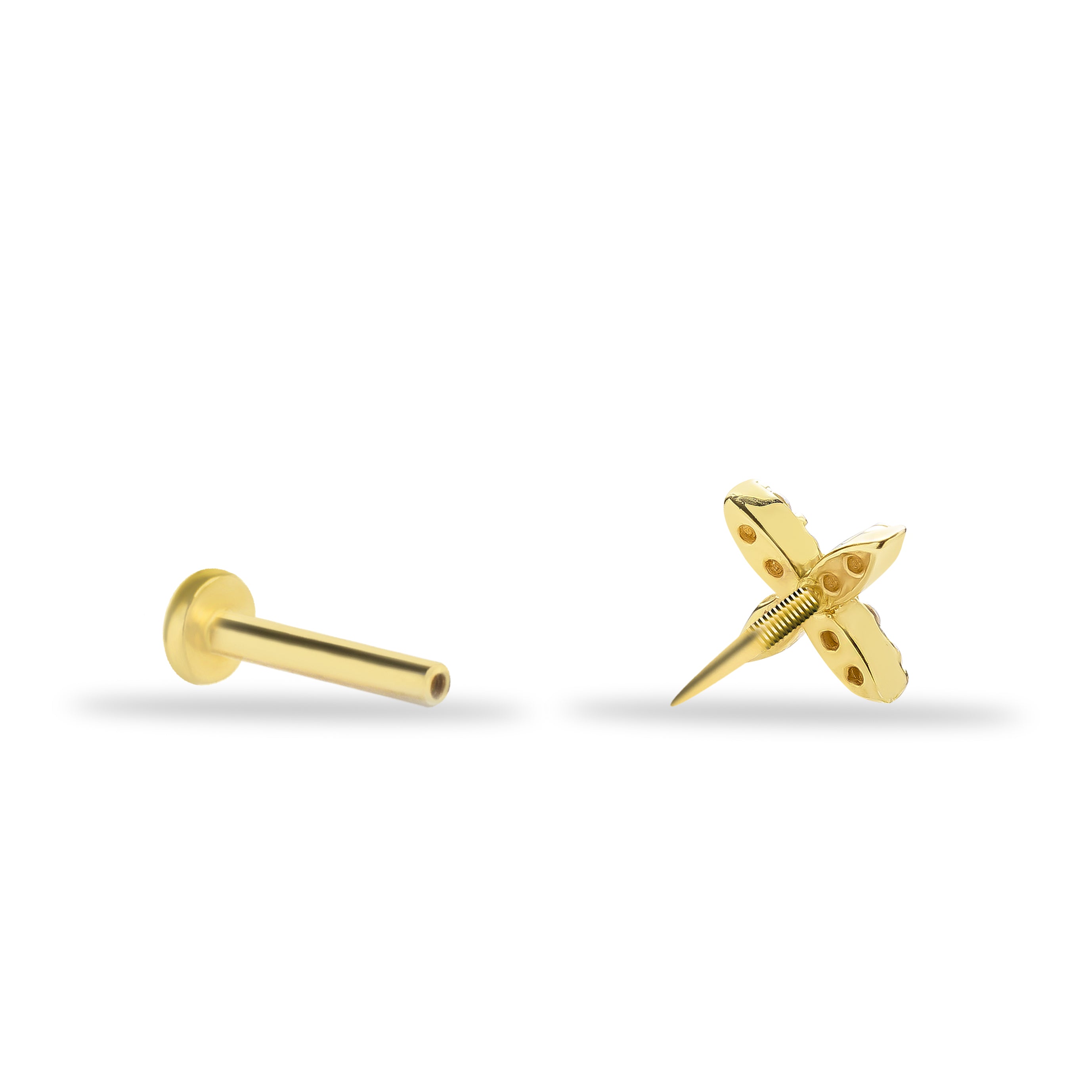 X stud piercing earring with clear zircons - 14K Solid Yellow Gold