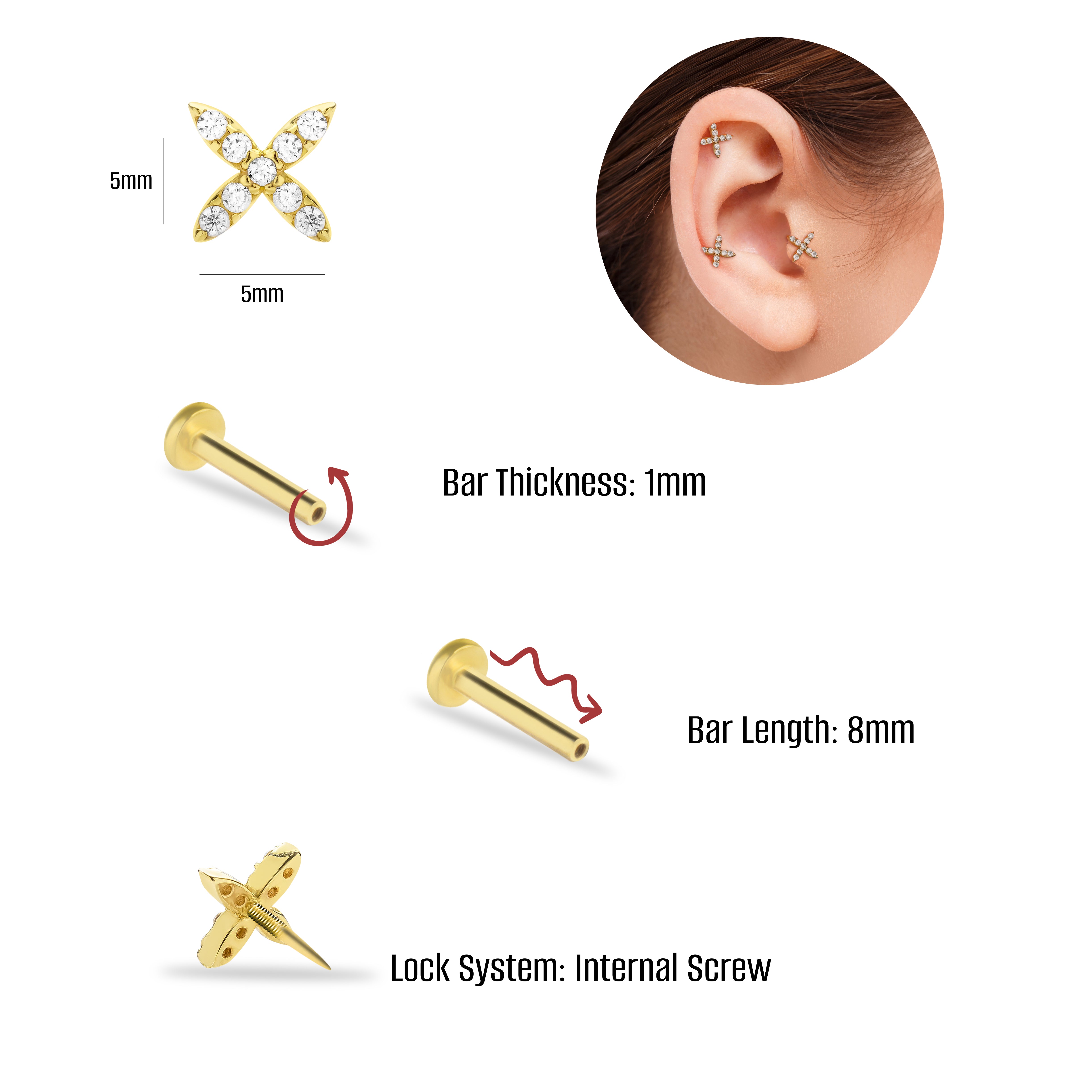 X stud piercing earring with clear zircons - 14K Solid Yellow Gold
