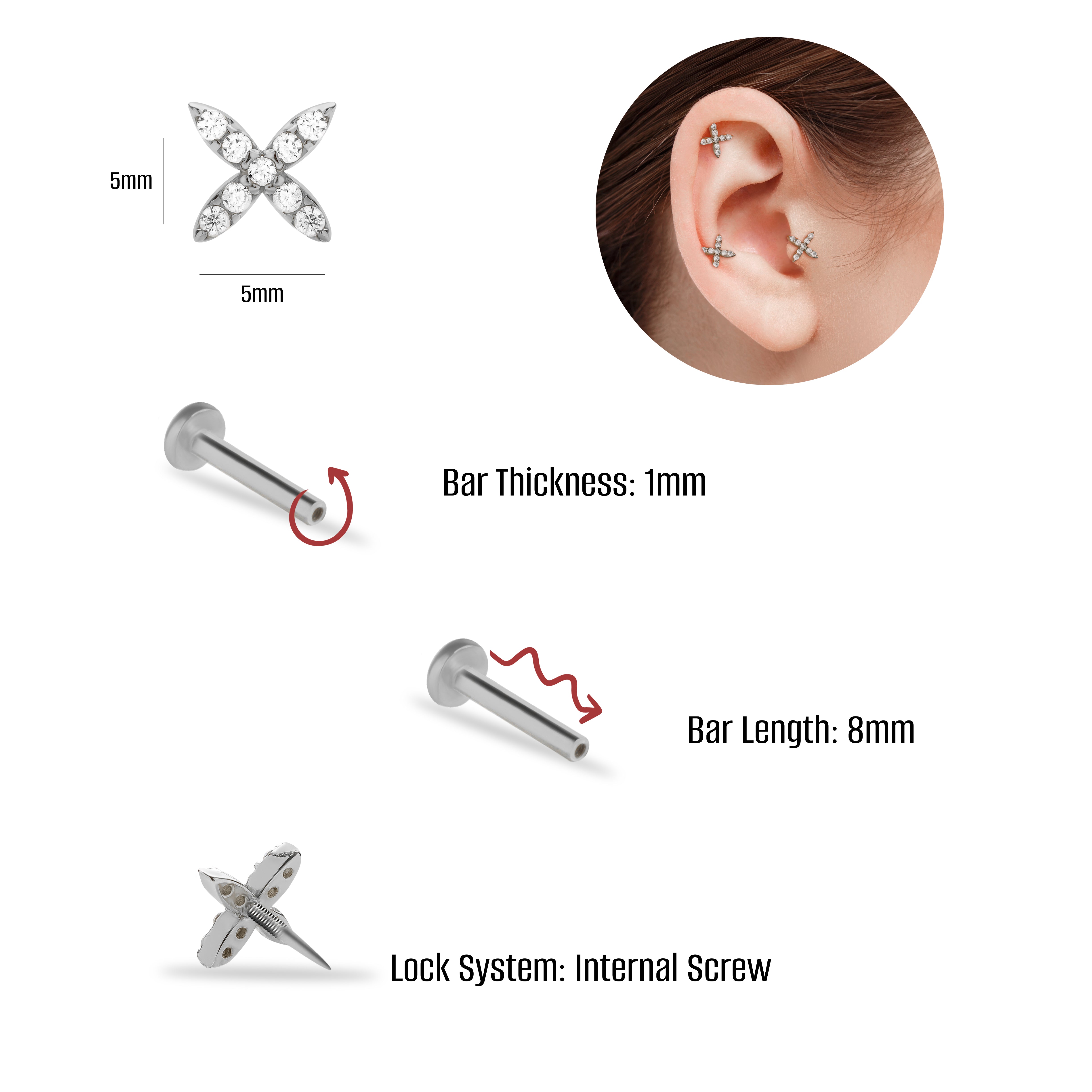X stud piercing earring with clear zircons - 14K Solid White Gold