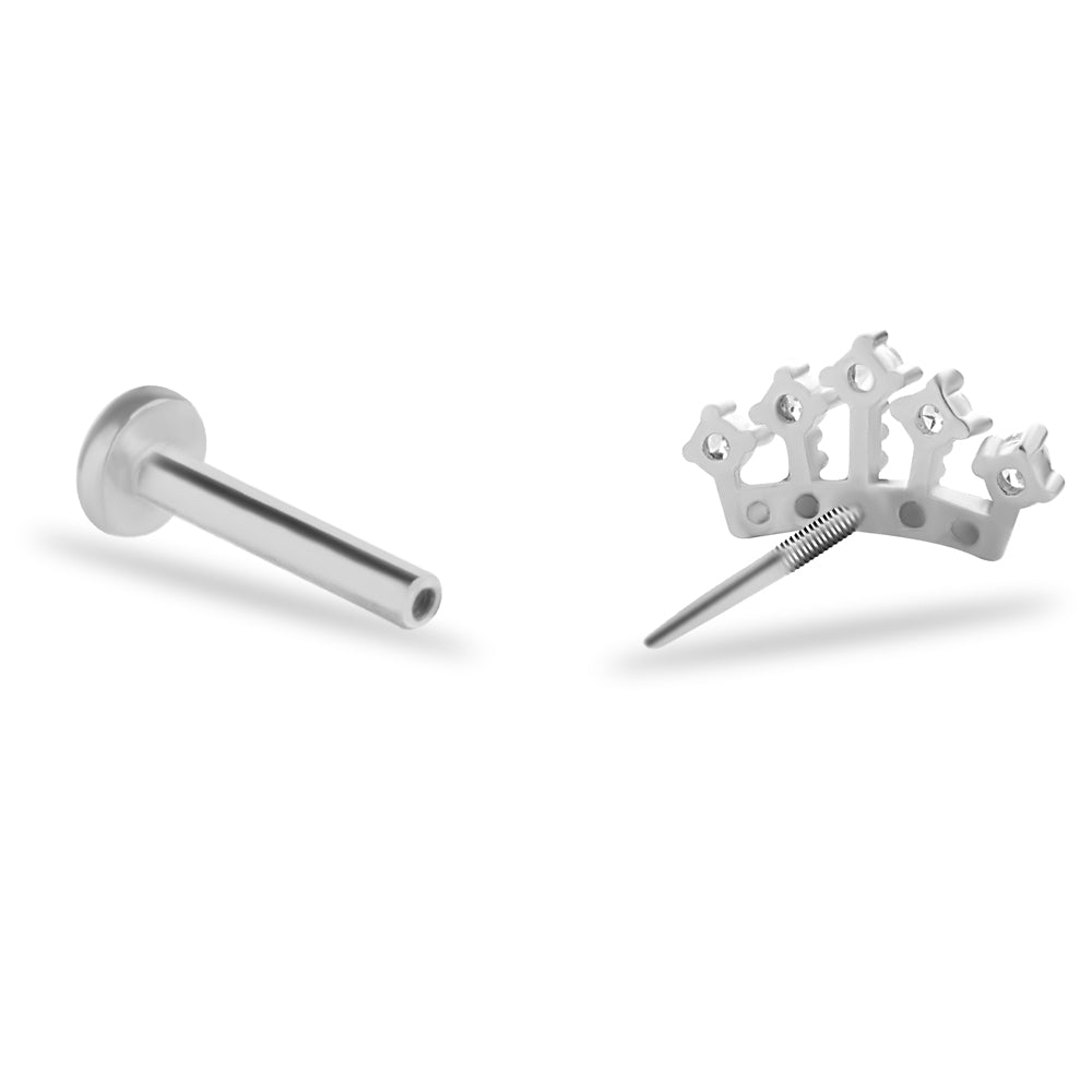 Crown stud piercing earring with clear zircons - 14K Solid White Gold