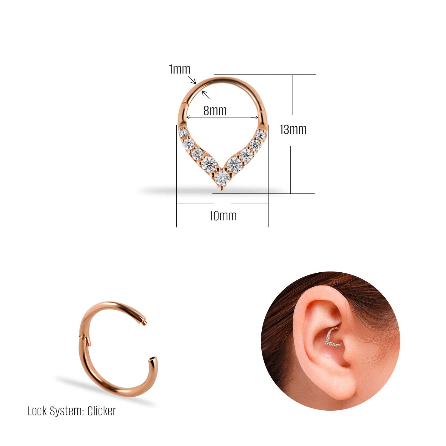8mm Hoop piercing earring with clear zircons - 14K Solid Rose Gold