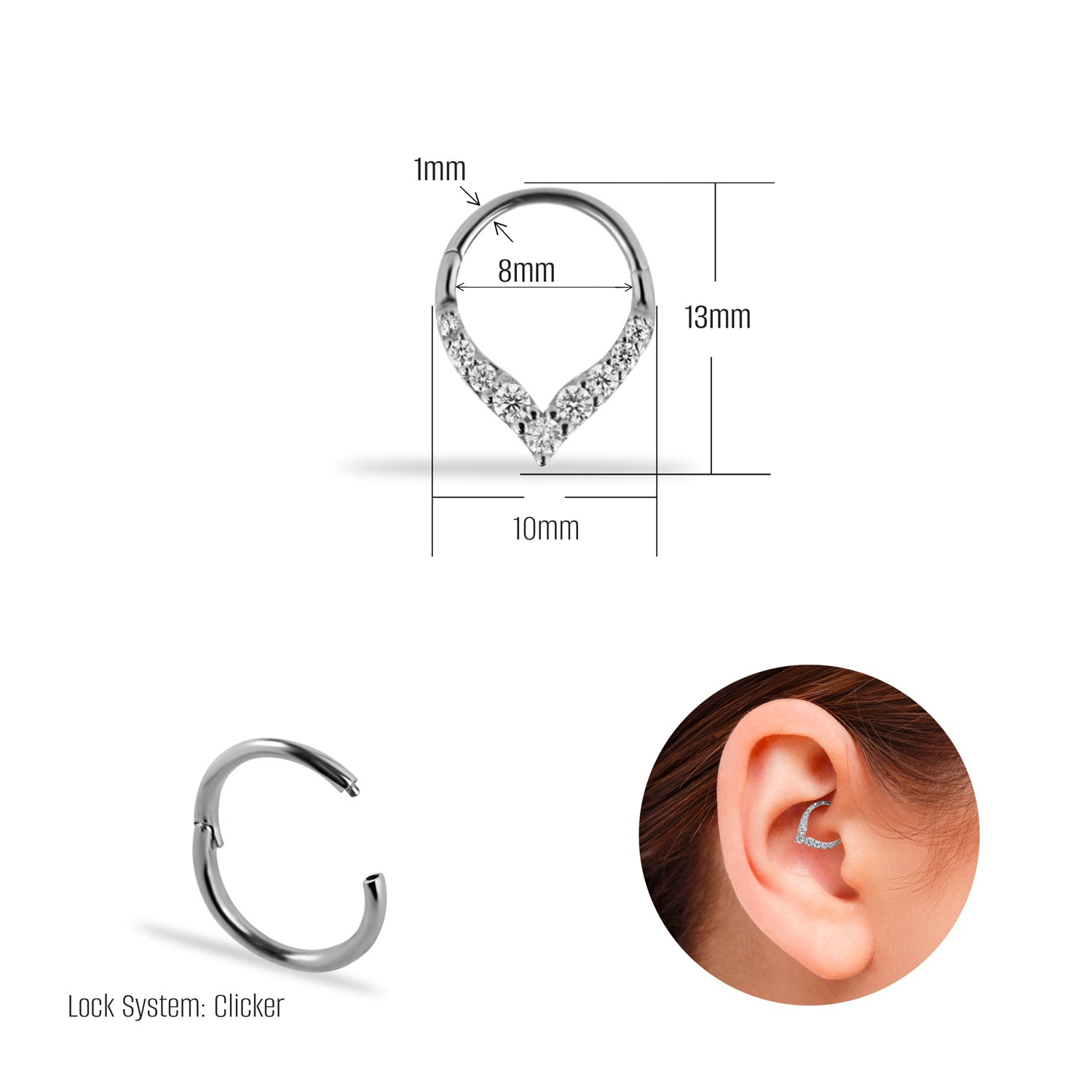 8mm Hoop piercing earring with clear zircons - 14K Solid White Gold
