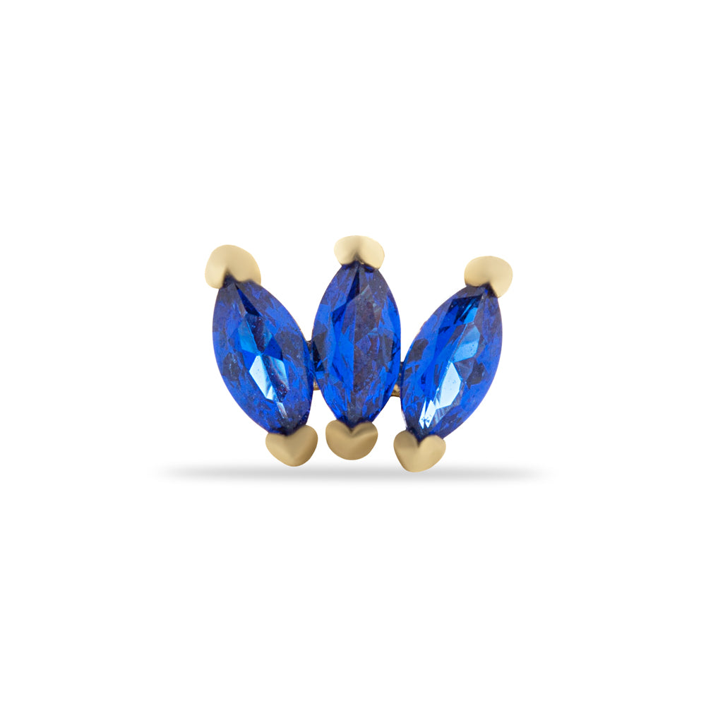 Lotus stud piercing earring with blue zircons - 14K Solid Yellow Gold