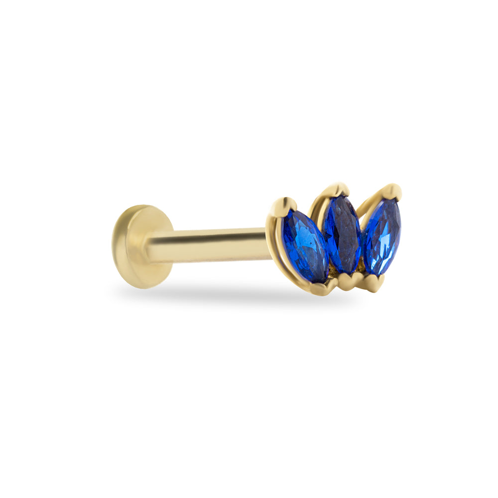 Lotus stud piercing earring with blue zircons - 14K Solid Yellow Gold