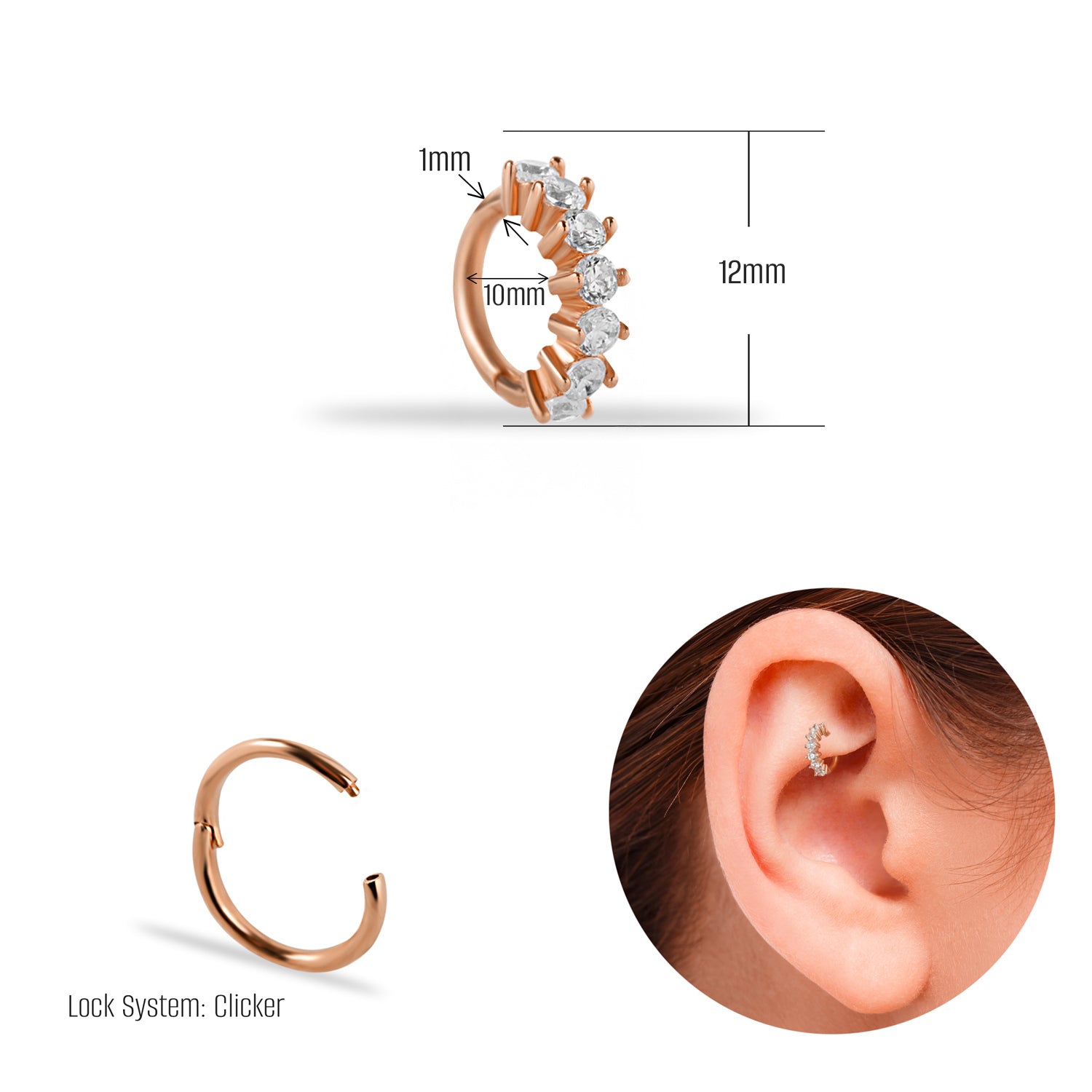 Hoop piercing earring with clear zircons - 14K Solid Rose Gold