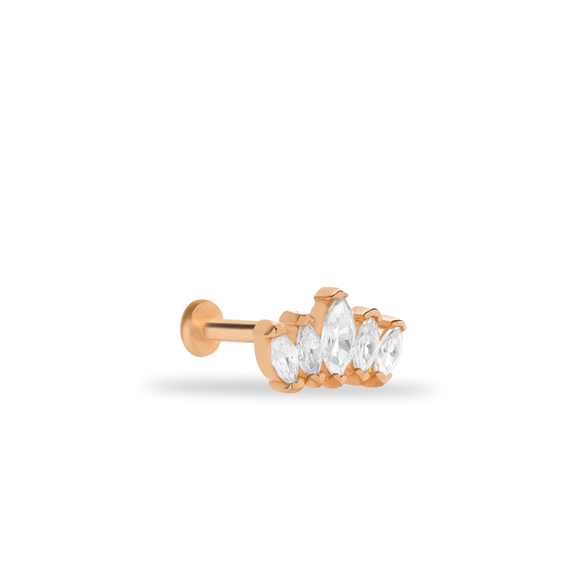 Lotus stud piercing earring with clear zircons - 14K Solid Rose Gold