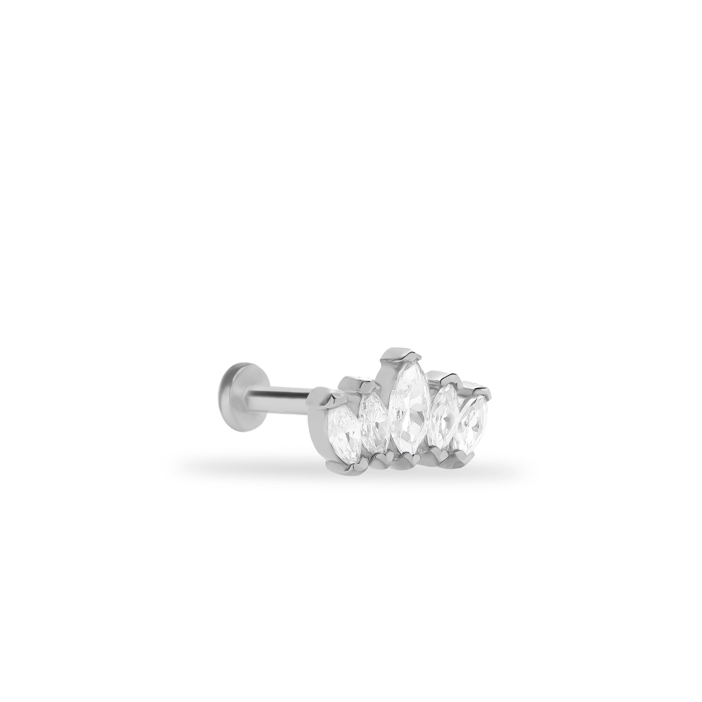 Lotus stud piercing earring with clear zircons - 14K Solid White Gold