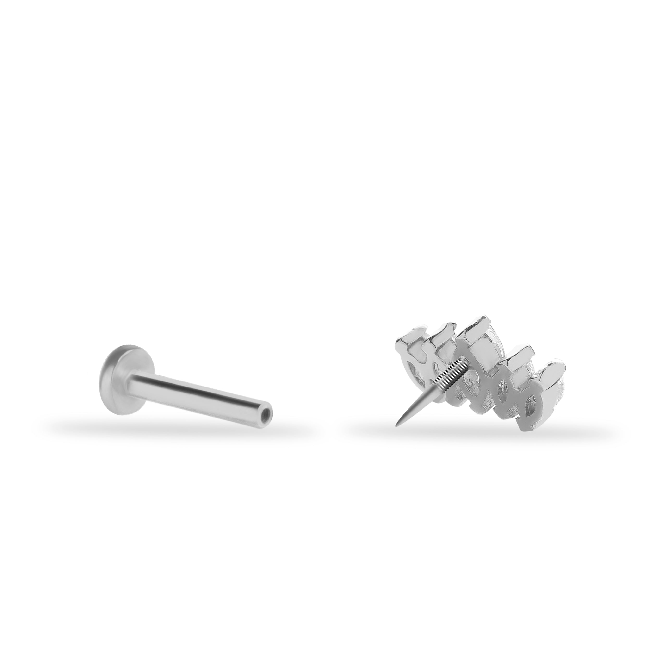 Lotus stud piercing earring with clear zircons - 14K Solid White Gold