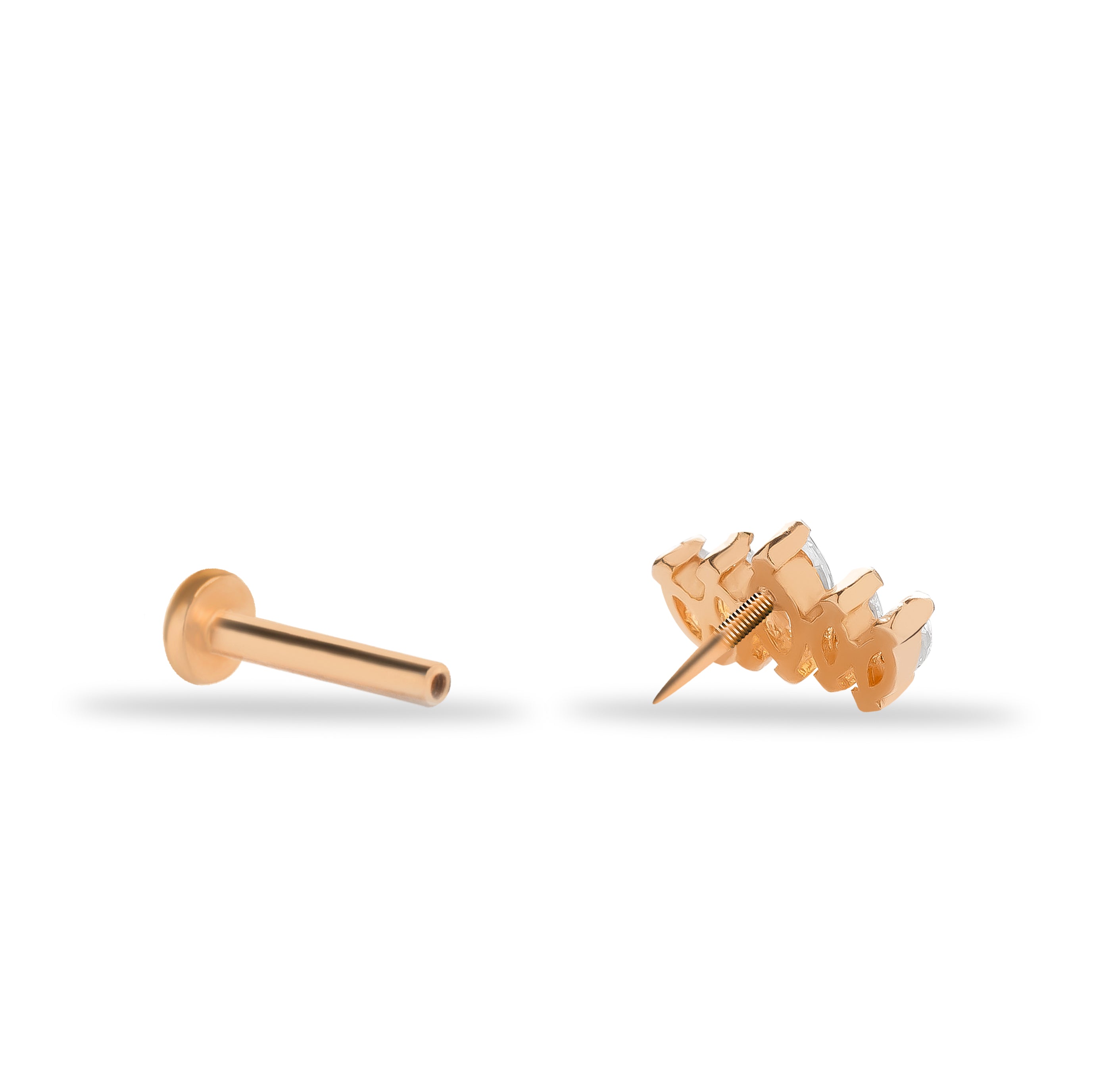 Lotus stud piercing earring with clear zircons - 14K Solid Rose Gold