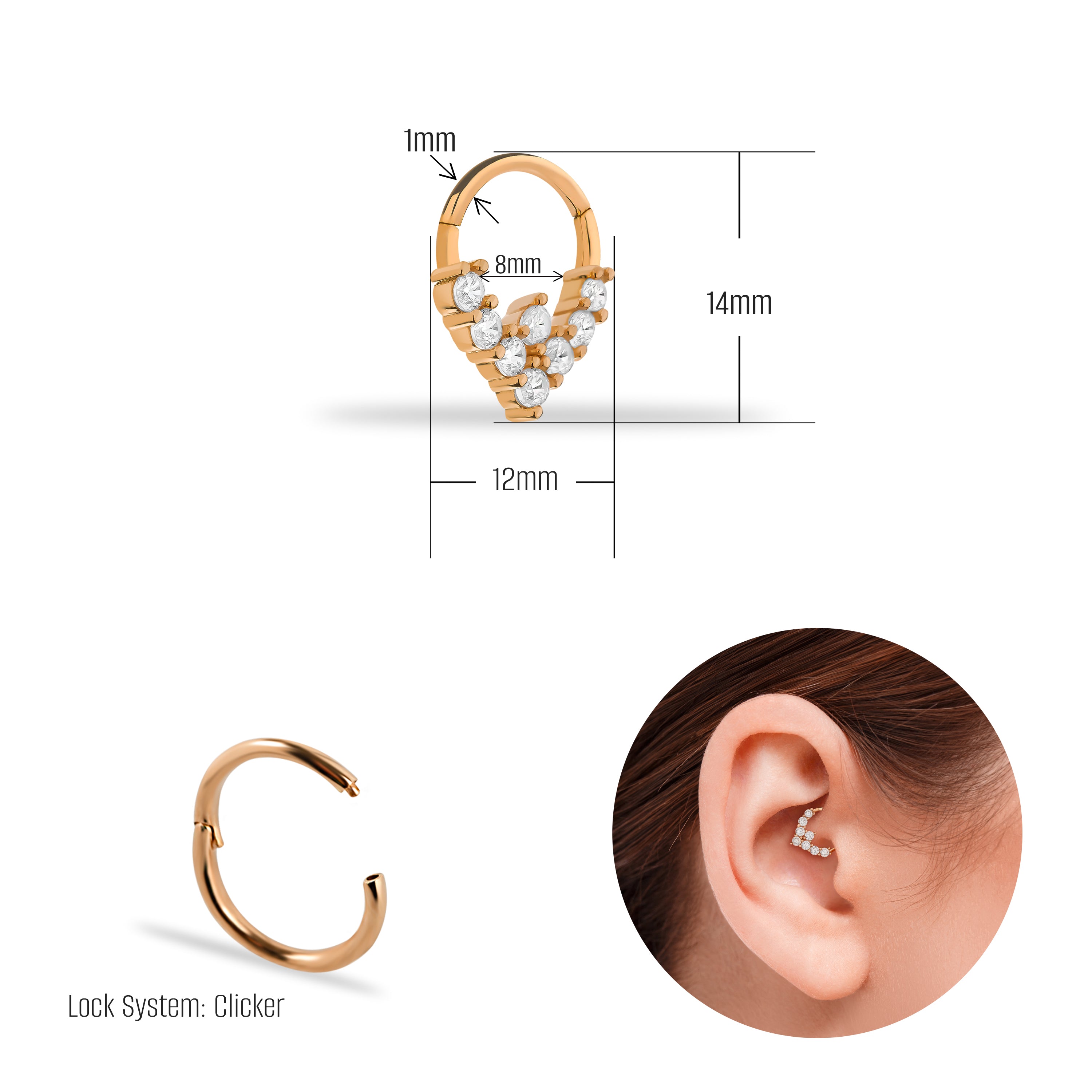8mm Hoop piercing earring with clear zircons - 14K Solid Rose Gold