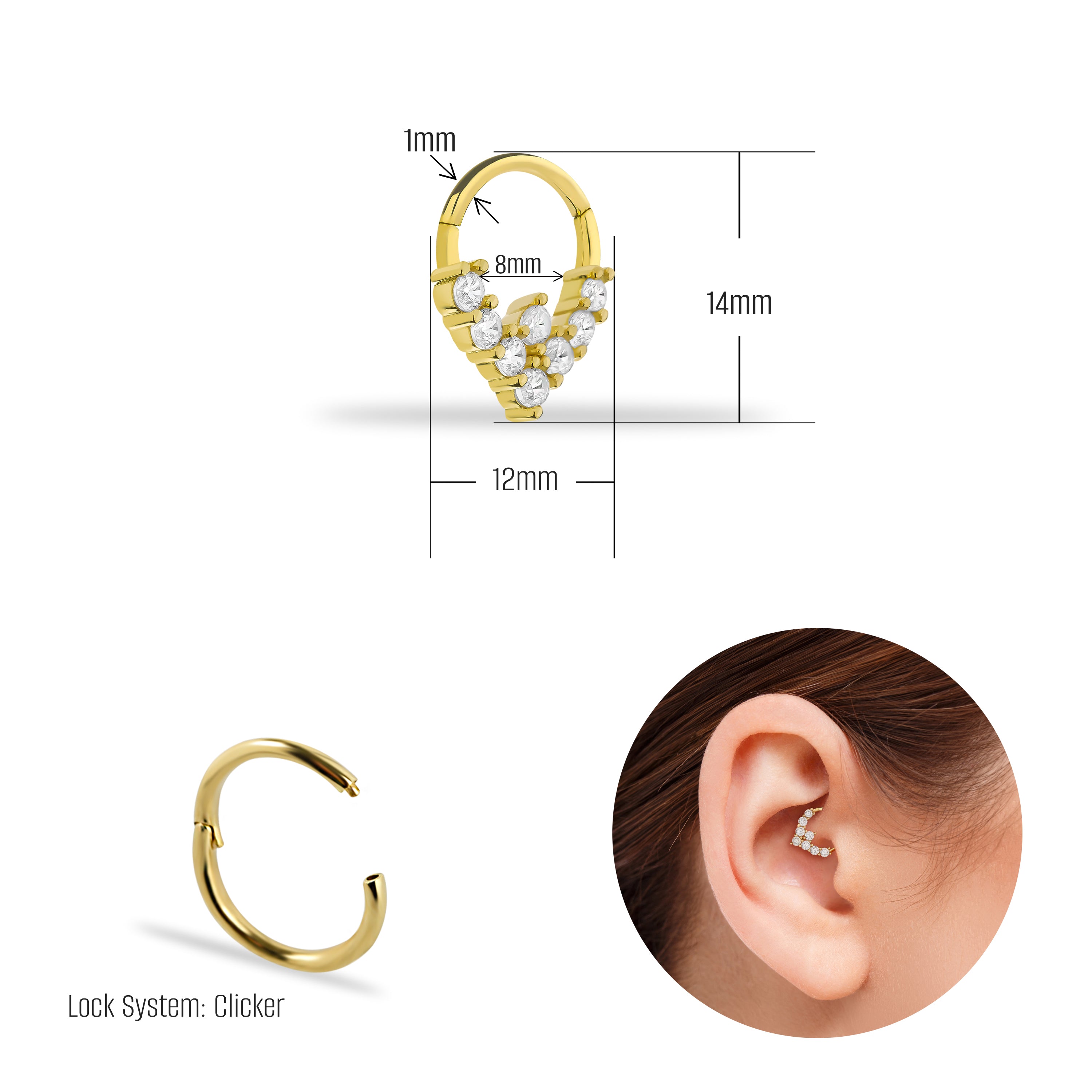 8mm Hoop piercing earring with clear zircons - 14K Solid Yellow Gold