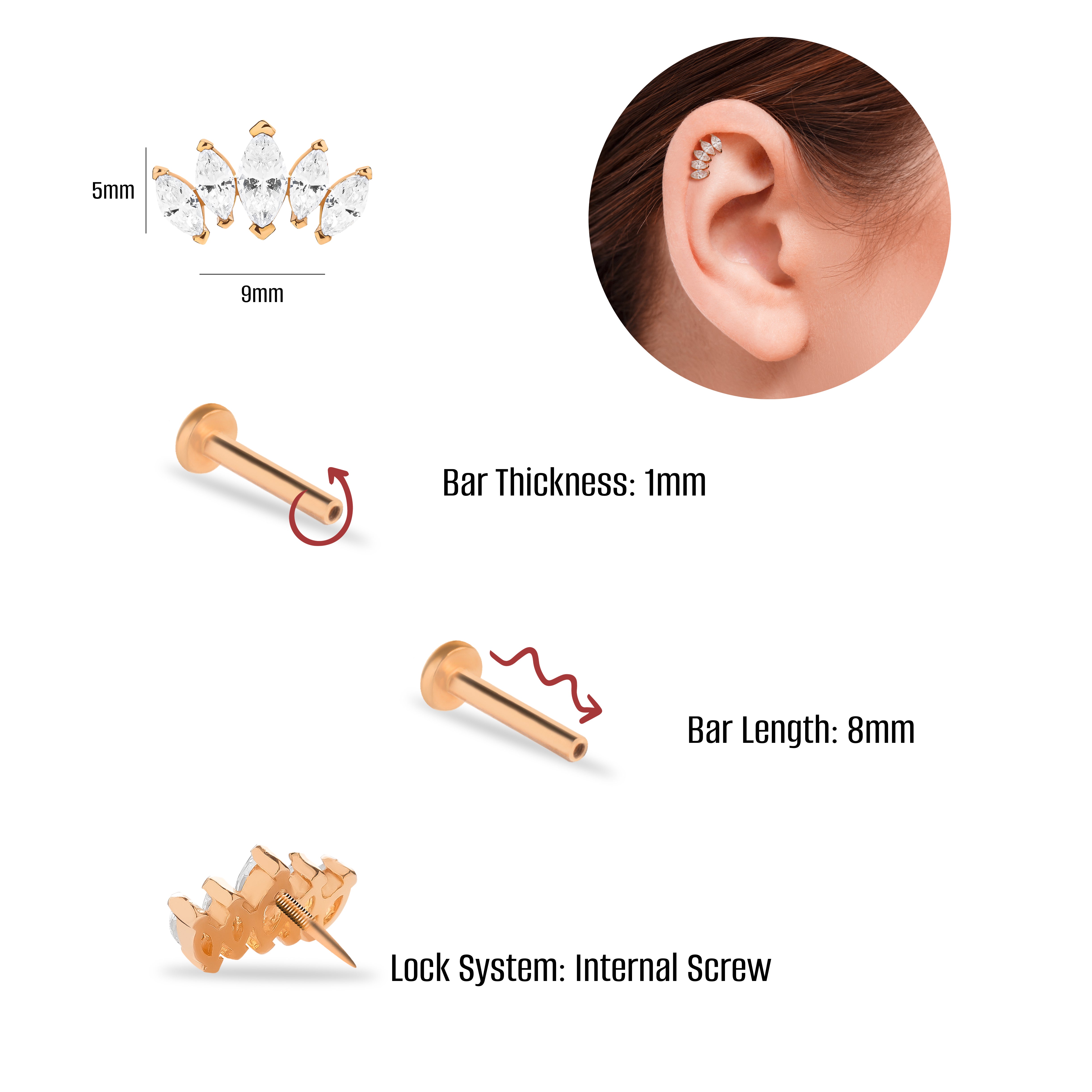 Lotus stud piercing earring with clear zircons - 14K Solid Rose Gold