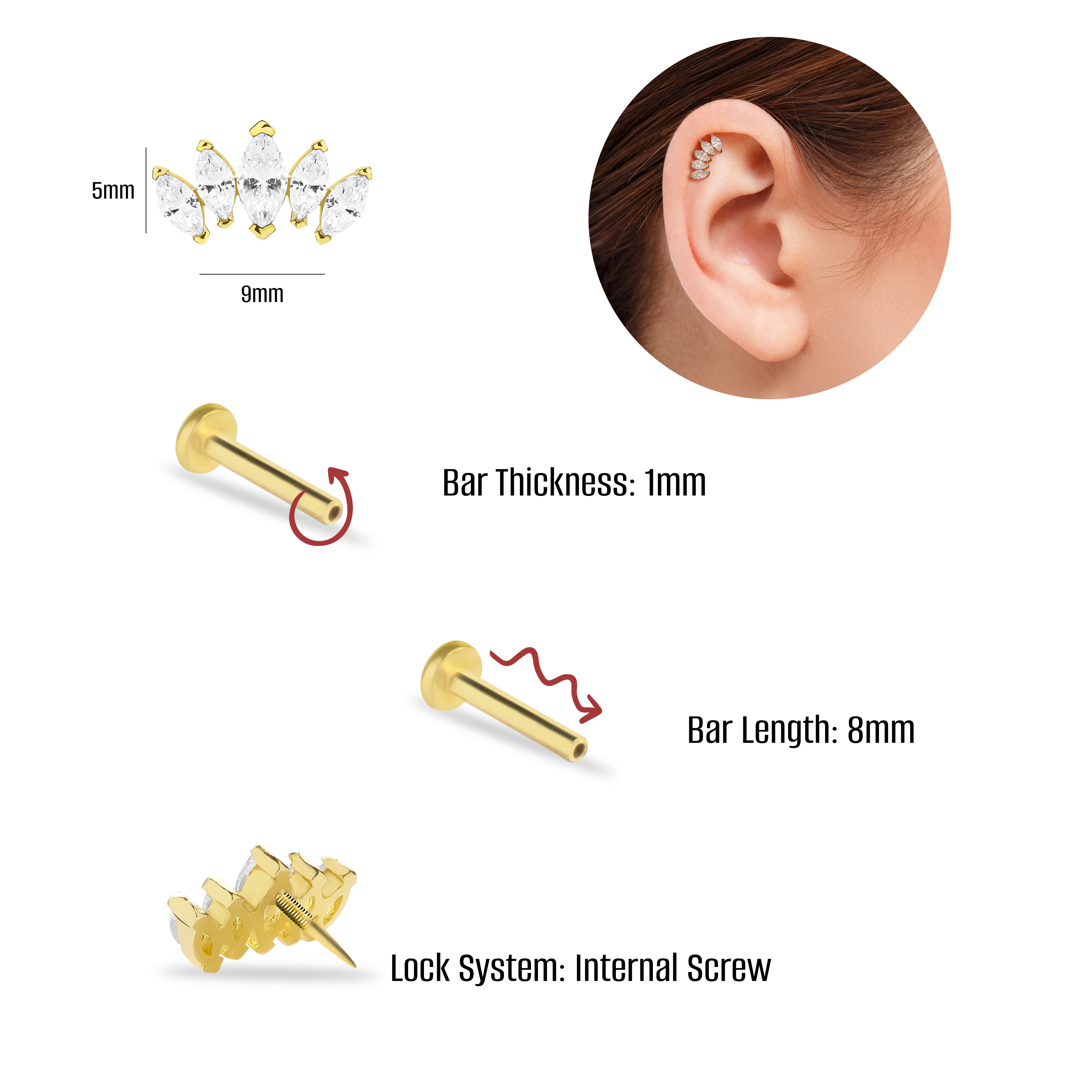Lotus stud piercing earring with clear zircons - 14K Solid Yellow Gold