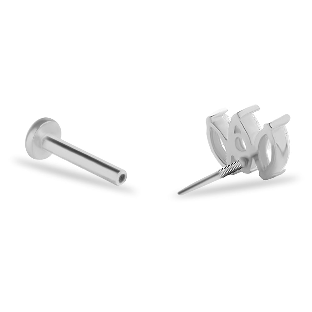 Lotus stud piercing earring with clear zircons - 14K Solid White Gold