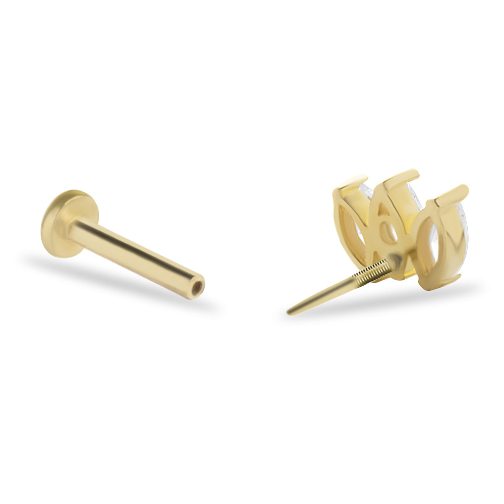 Lotus stud piercing earring with clear zircons - 14K Solid Yellow Gold
