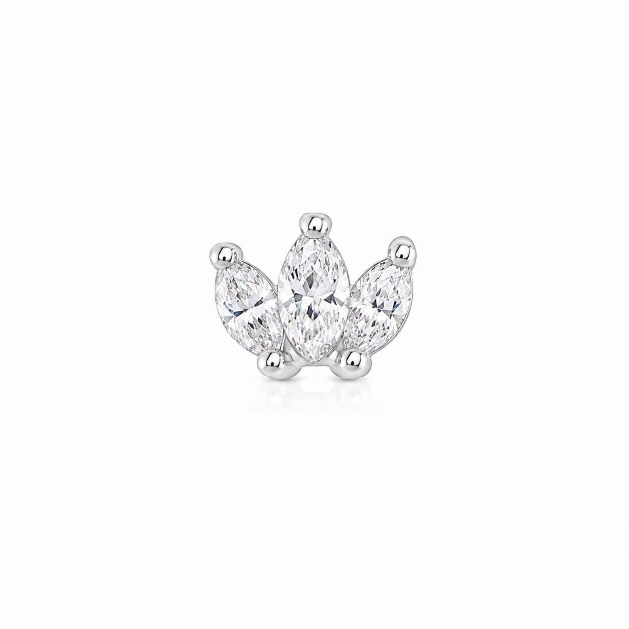 Lotus stud piercing earring with clear zircons - 14K Solid White Gold